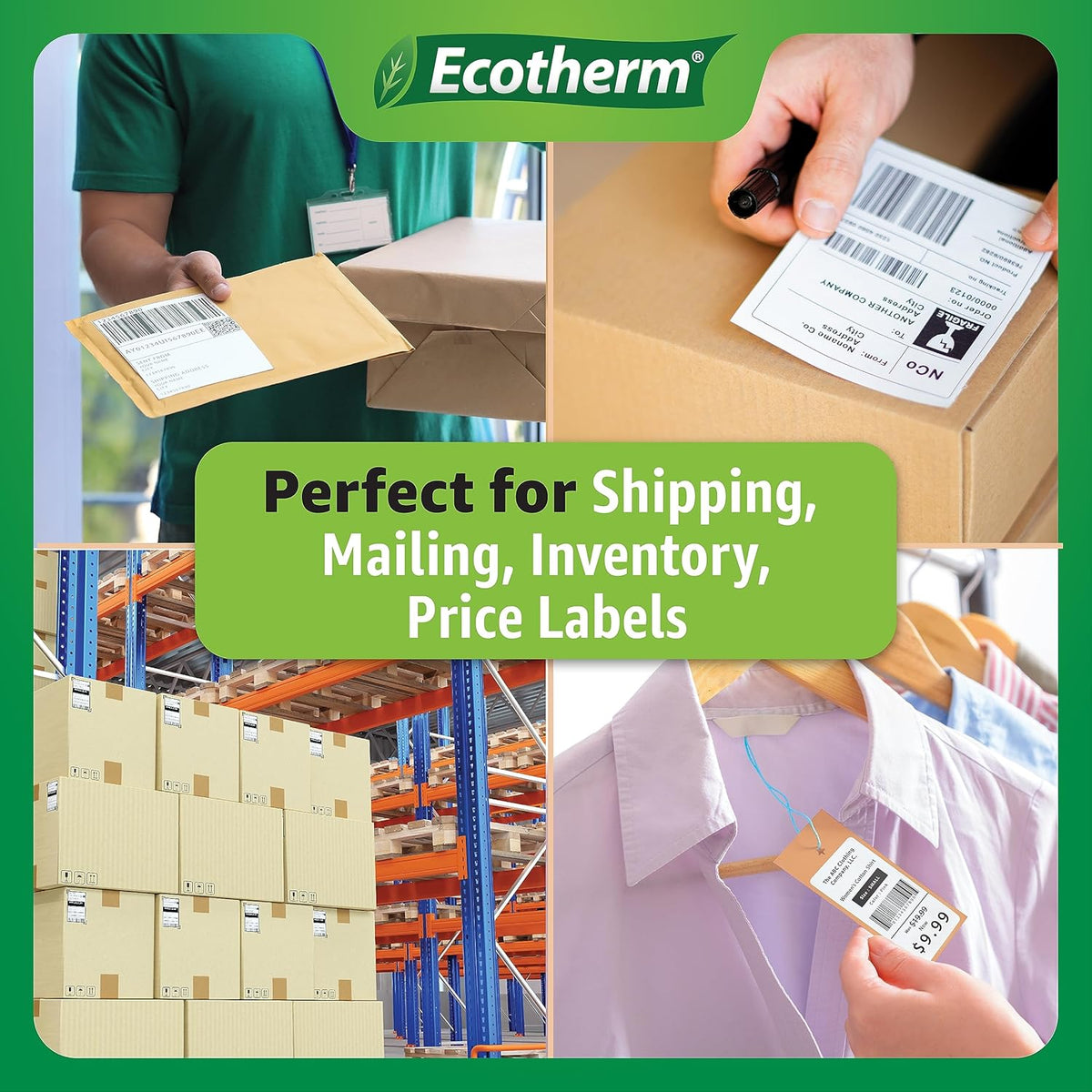 1.5" x 1" Thermal Labels | 6 Rolls | 11400 Labels | fits Zebra, Godex, Arkscan, iDPRT, Offnova Thermal Label Printers and More | Blank White Adhesive Stickers by Ecotherm