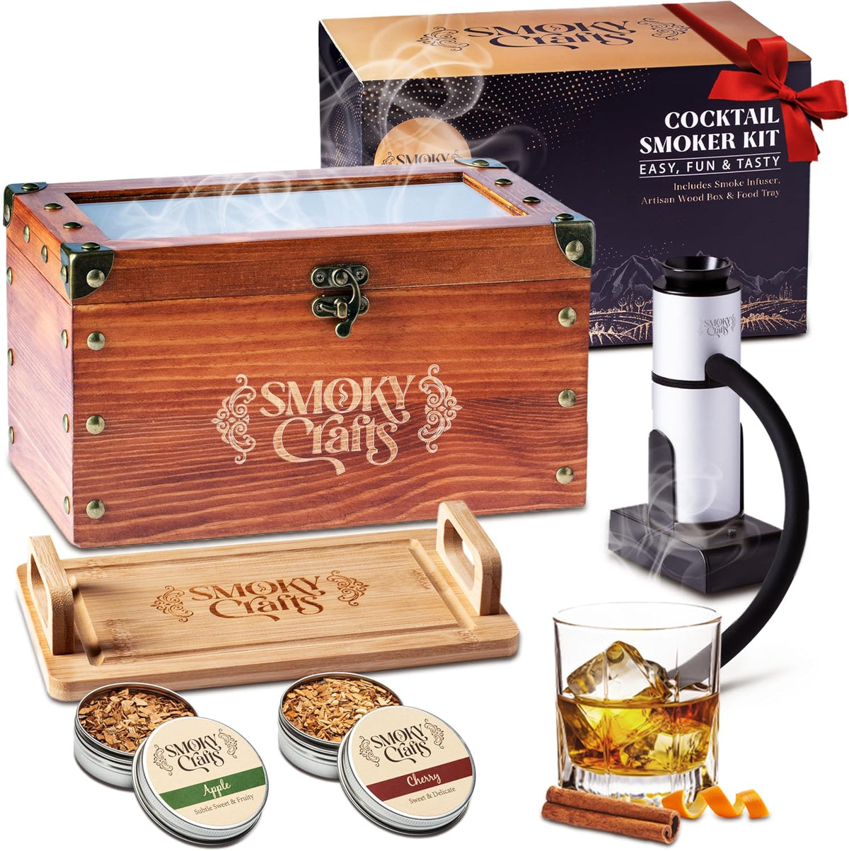 Old Fashioned Smoker Kit - Whiskey Smoker Kit with Smoking Gun, Cocktail Smoke Box, Food Tray and Wood Chips (Apple & Cherry) - Bourbon Gifts for Men (Torch Not Required)