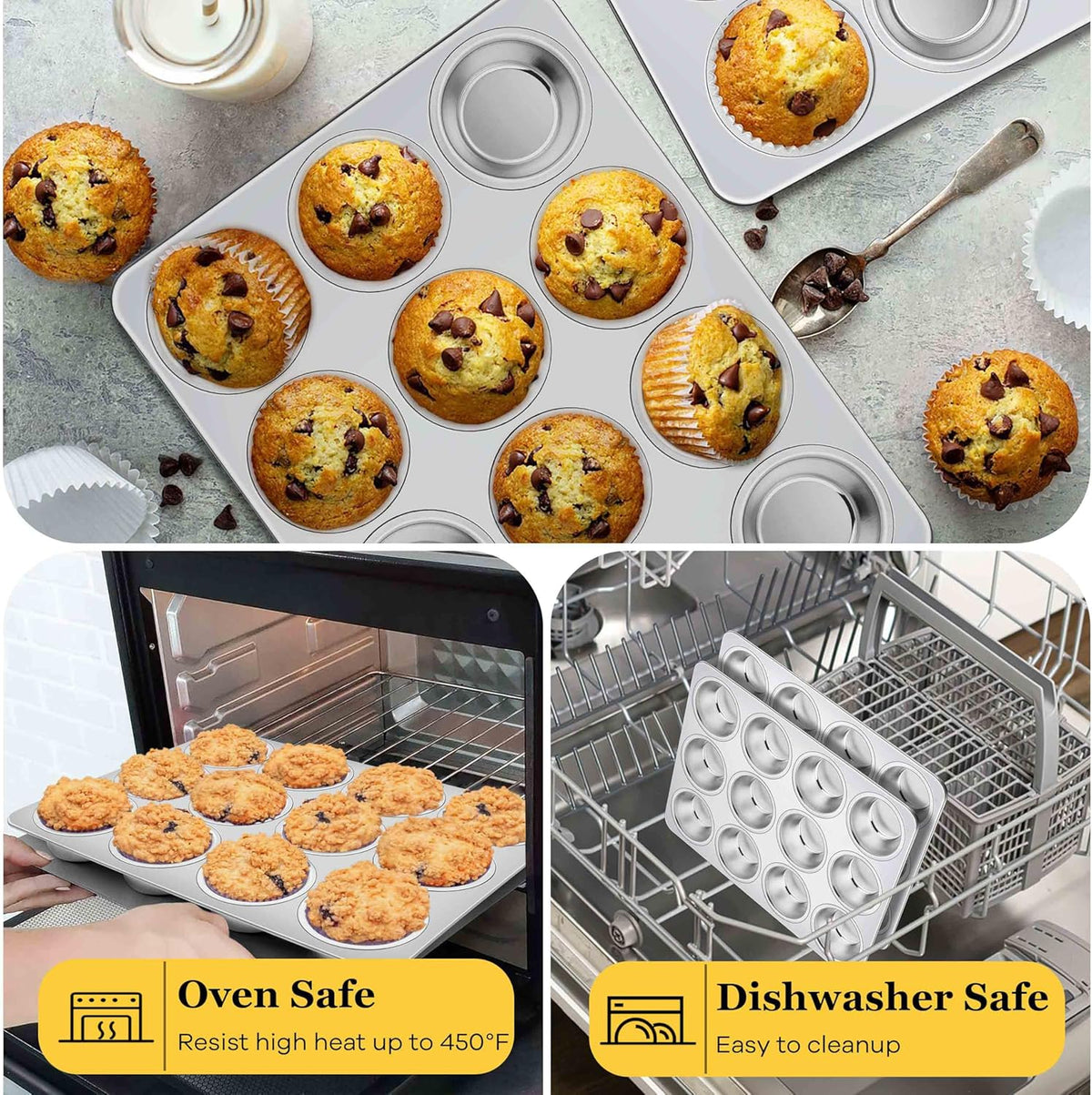 Homikit 1 Pack Muffin Pan, Stainless Steel Cupcake Tin with 12 Cups Regular Size, 13.8" x 10.4" Nonstick Metal Egg Bites Tray for Oven Baking, Non Toxic & Rust Free, Easy Release & Dishwasher Safe