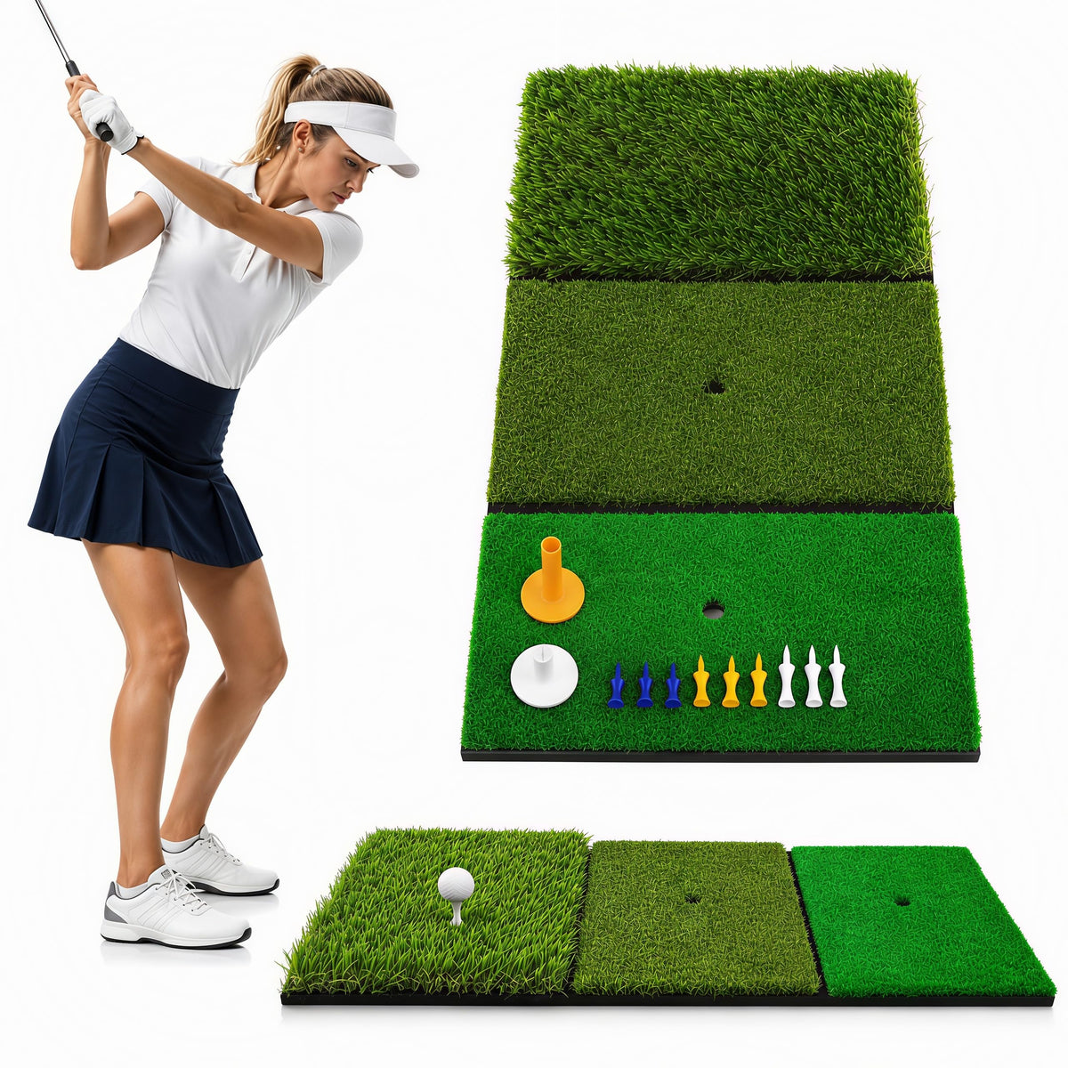 CalmBloom Golf Practice Mat 3-in-1 Turf Golf Hitting Mat for Swing, Putting & Chipping | Portable Golf Training Mat Indoor/Outdoor, Golf Mat with 8 Tees