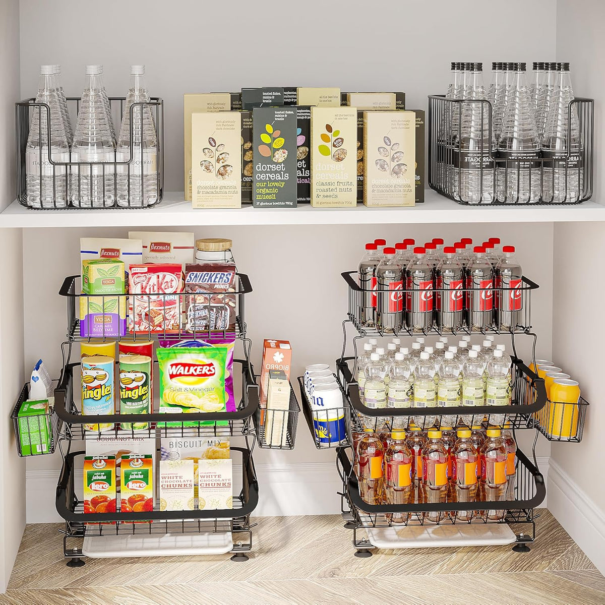 Fruit Basket, 1Easylife 3 Tier Stackable Metal Wire Basket Cart with Rolling Wheels, Utility Rack for Kitchen, Pantry, Garage, With 2 Free Baskets