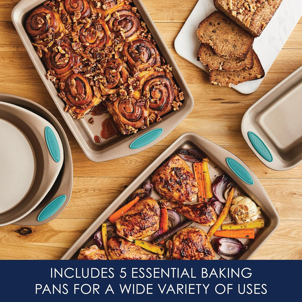 Rachael Ray Cucina Bakeware Set Includes Nonstick Bread Baking Cookie Sheet and Cake Pans, 5 Piece, Latte Brown with Agave Blue Grips