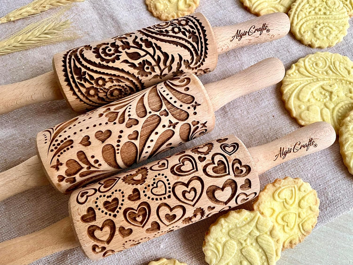 LOVELY DAY 3 KID Rolling Pin SET with HEART, PAISLEY and SPRING patterns. Wooden Laser Cut Mini embossing Rolling Pins for cookies, play dough, salt dough or clay by Algis Crafts