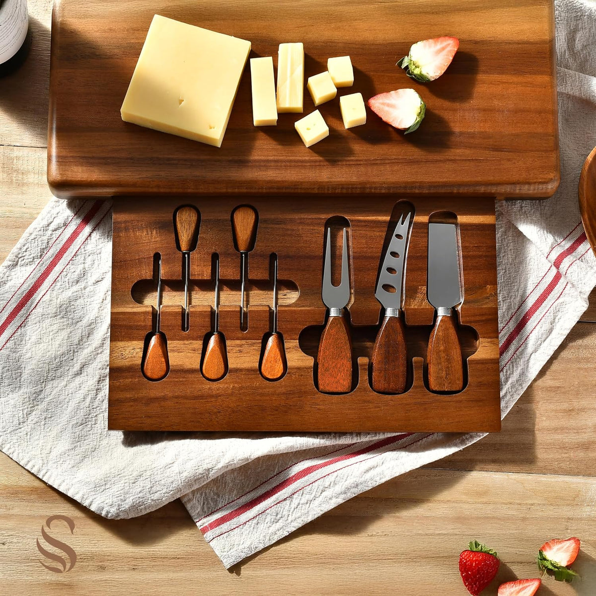 Shanik Large Acacia Wood Charcuterie Board Set with 3 Removable Ceramic Bowls & Serving Utensils - Housewarming, Wedding, Bridal Shower, Home and Kitchen, New Home Gift Ideas for Women, Gifts for Her
