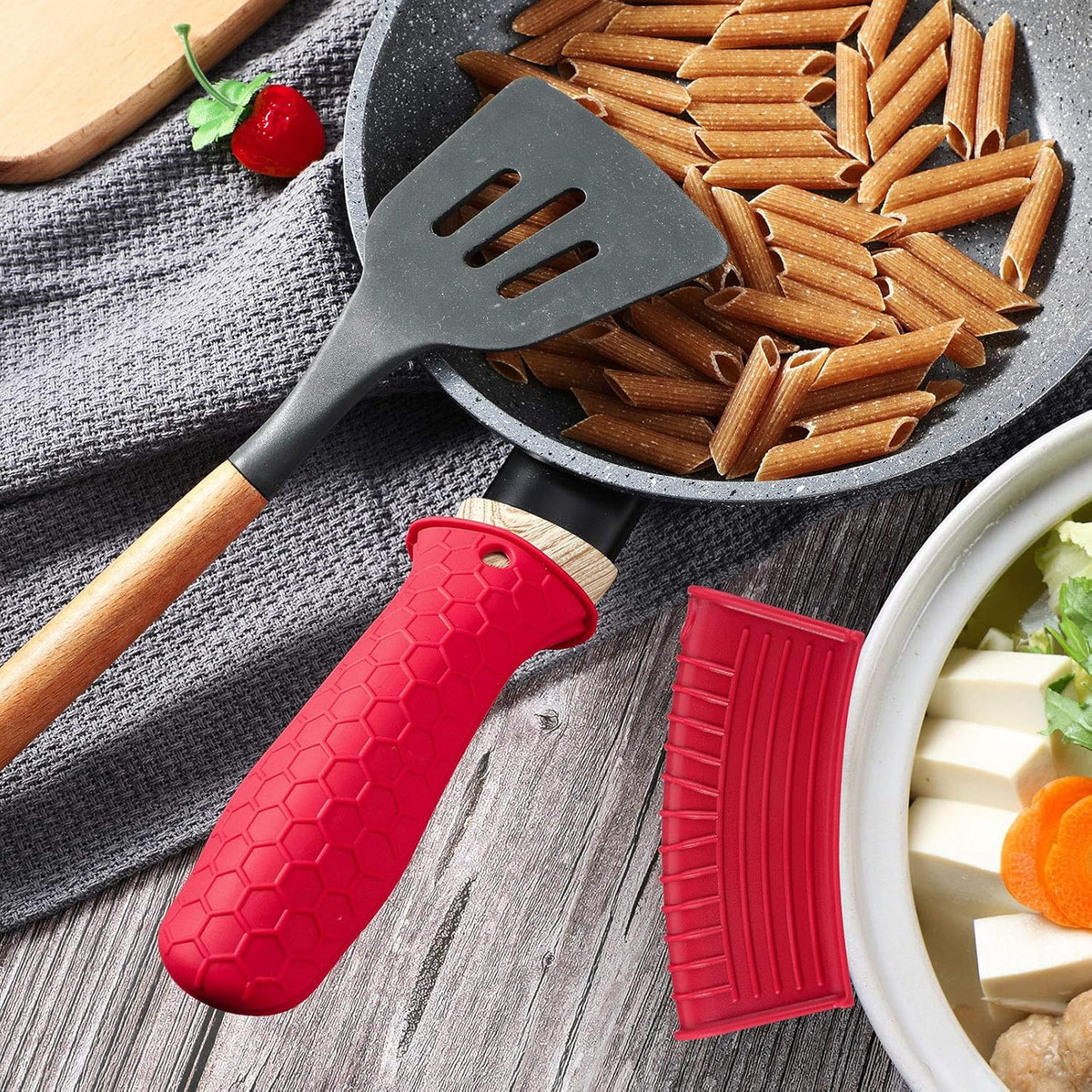 Patelai 8 Pcs Silicone Pot Holders Set Cast Iron Handle Cover Heat Resistant Pot Handle Covers Potholder Non Slip Reusable Pan Sleeve for Frying Pan Kitchen Supplies(Red)