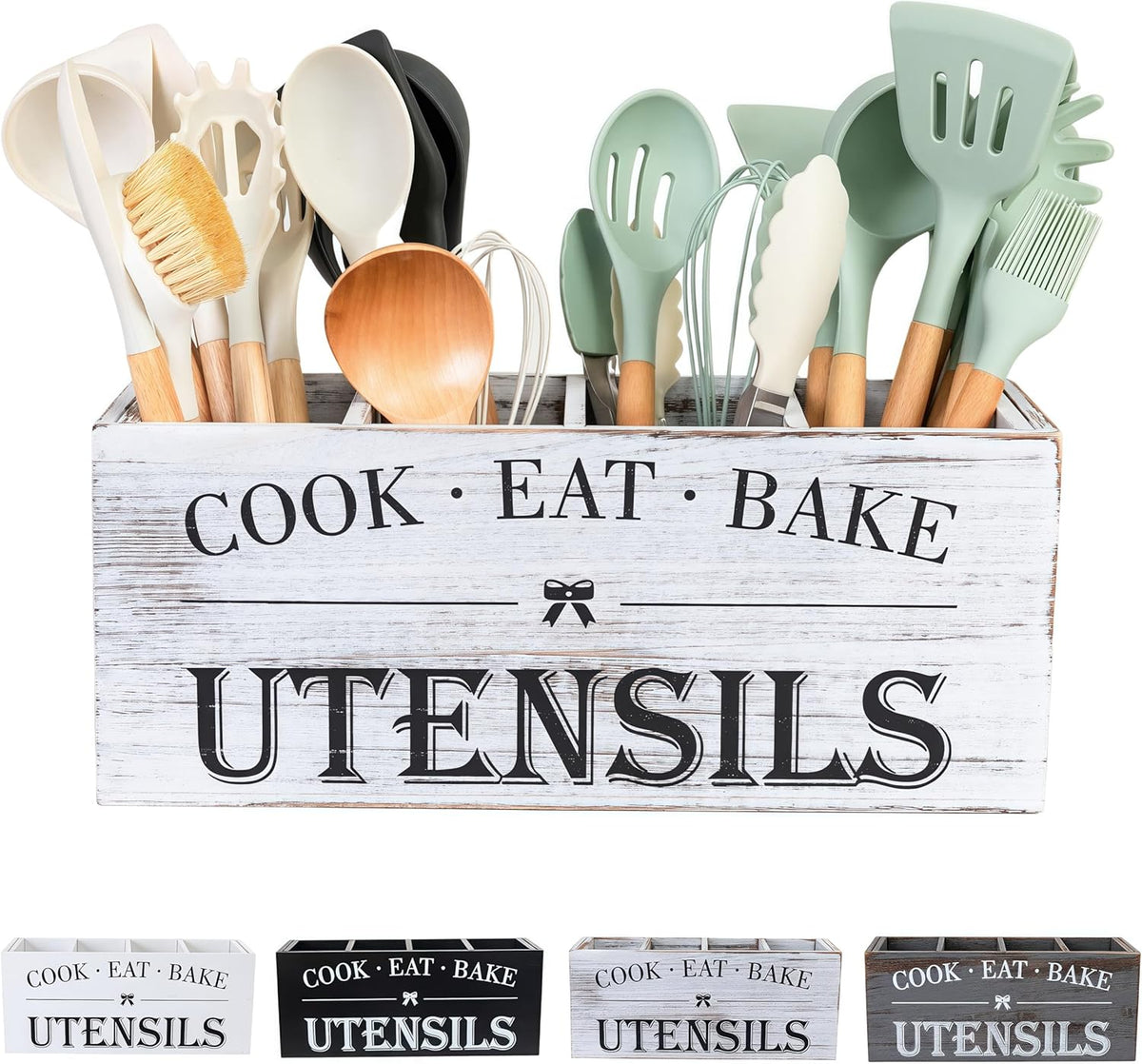 Utensil Holder,Extra Large Wooden Utensil Holder For Kitchen Counter,Cooking Spatula Organizer,Big Storage Caddy With 4 Compartments Flatware Spoon Tool Cutlery（Retro White）