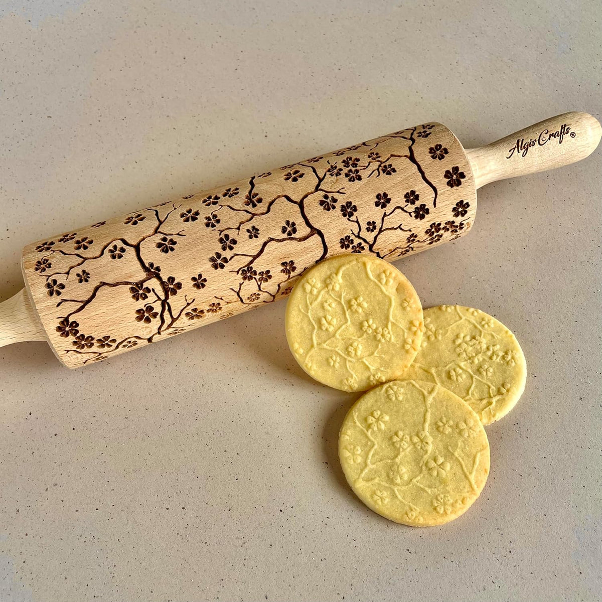 SAKURA TREE Embossing Rolling Pin with Blooming Sakura Flowers Pattern. Dough and Clay Roller for Embossed Cookies Fondant Pottery. Cookie and Ceramic Stamp. Backing Gifts for Women by Algis Crafts