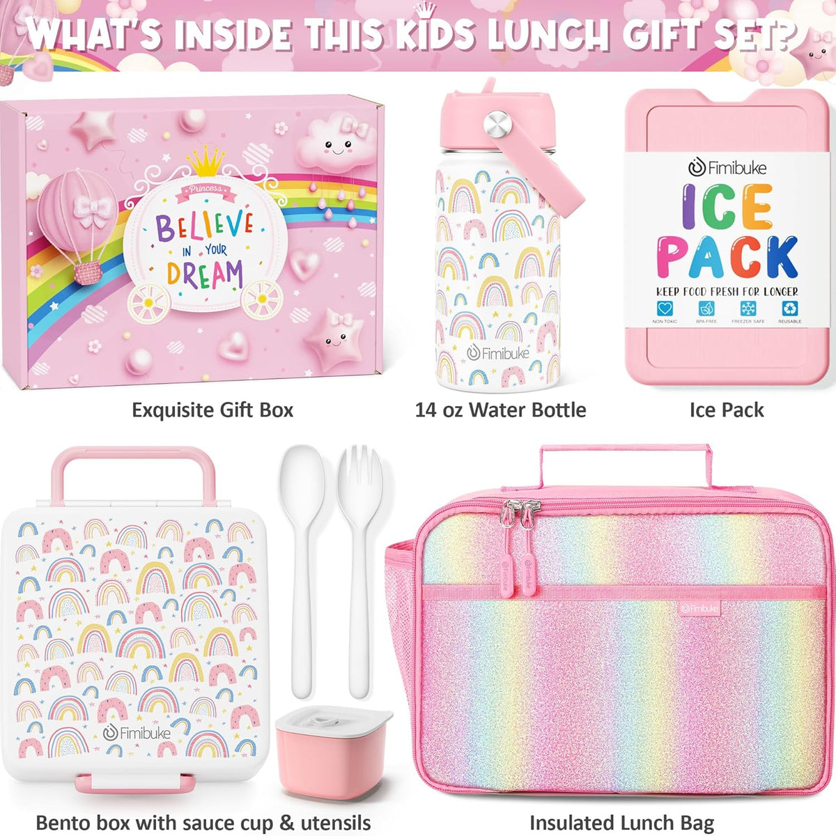 Fimibuke Kids Bento Lunch Box with 4 Compartments, Insulated lunch Bag, Stainless Steel Insulated Water Bottle, Ice Pack & Utensils Set, Birthday Gifts for Ages 3-12 Back to School Toddler Girls Boys