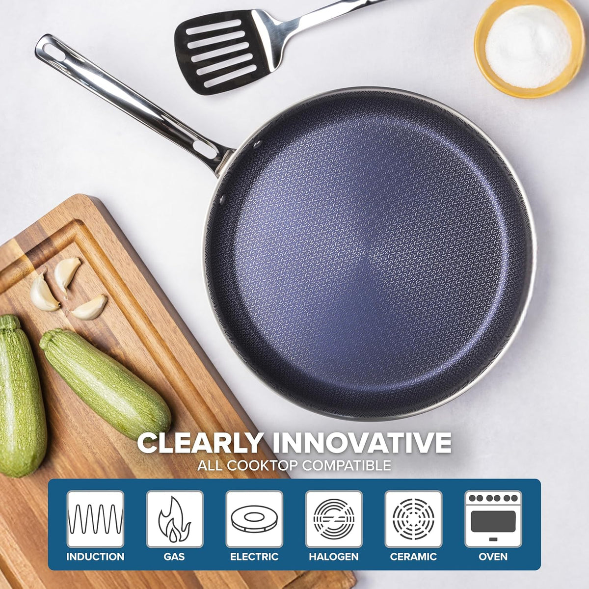 Viking 3-Ply Non Stick Frying Pan, 12 Inch Hybrid Plus Stainless Steel Kitchen Cookware, Silver