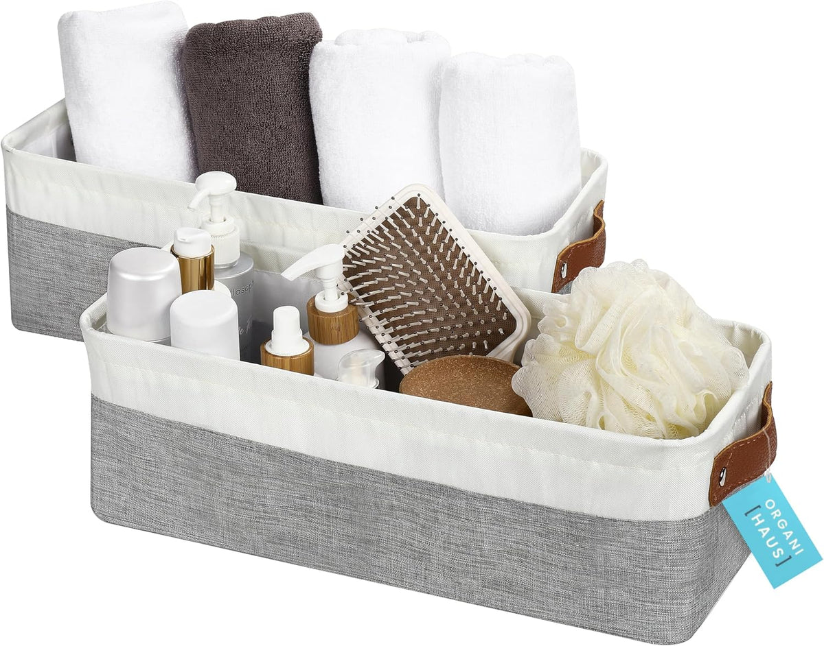 OrganiHaus Narrow Storage Bins 15x06in, Small Closet Bins for Shelves, Bathroom Storage Baskets for Shelves, Narrow Baskets, Fabric Organizer with Handles, Toilet Paper Organizer - 2 Pack, Gray