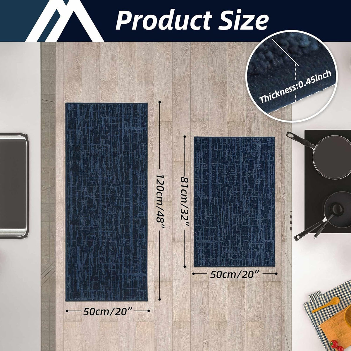 COSY HOMEER Kitchen Rugs 20"x32"+20"x48" Absorbent Soft Kitchen Mats for Floor Non Slip Kitchen Runner Rug Polyester Washable Kitchen Floor Mats for Sink Mat,Hallway,Laundry,Navy Blue