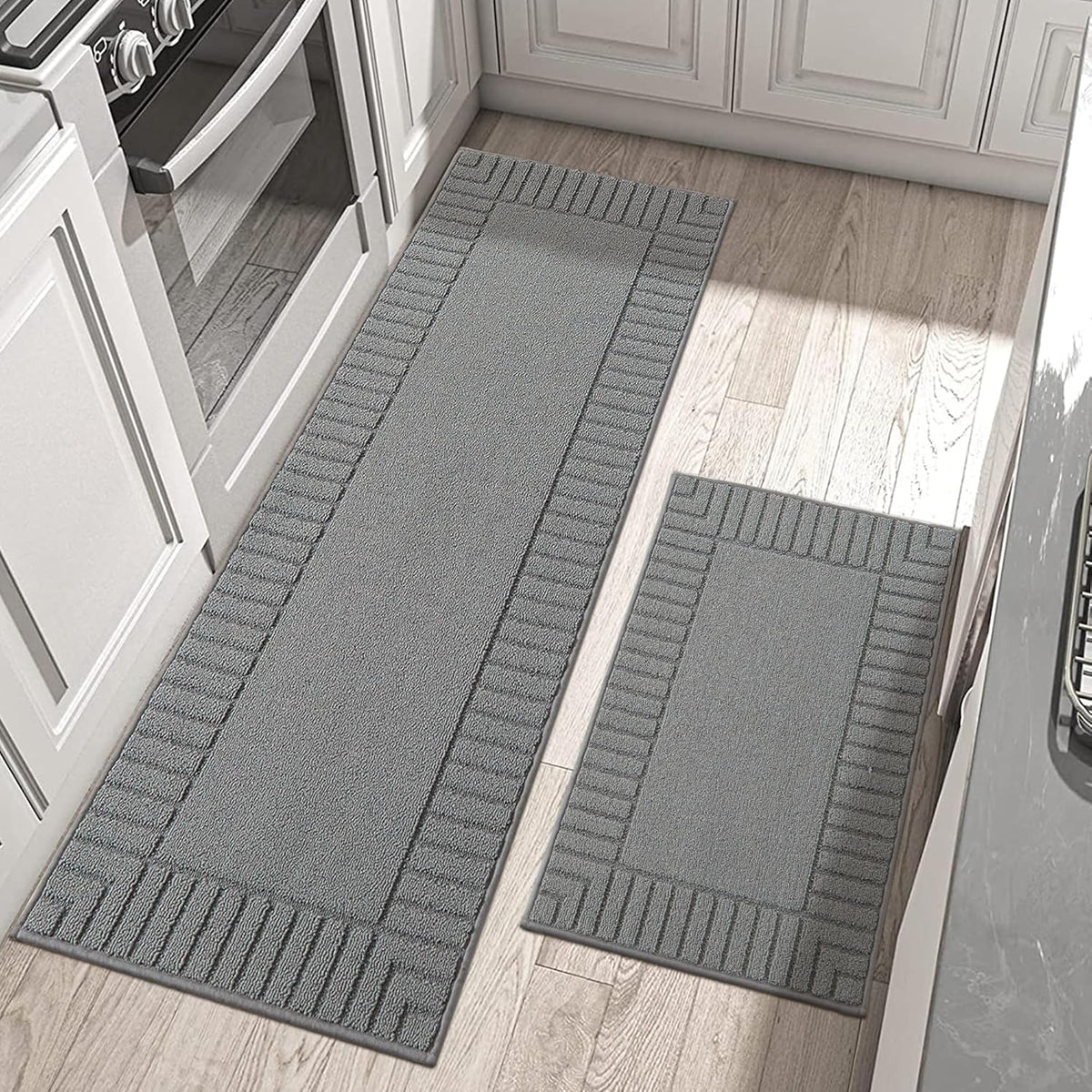 BEQHAUSE-Kitchen-Rugs-Washable-Kitchen-Mats-for-Floor Non-Slip Kitchen Mat Set of 2 Absorbent Kitchen Runner with TPR Non Skid Backing,Grey,24x35inch/24x60inch