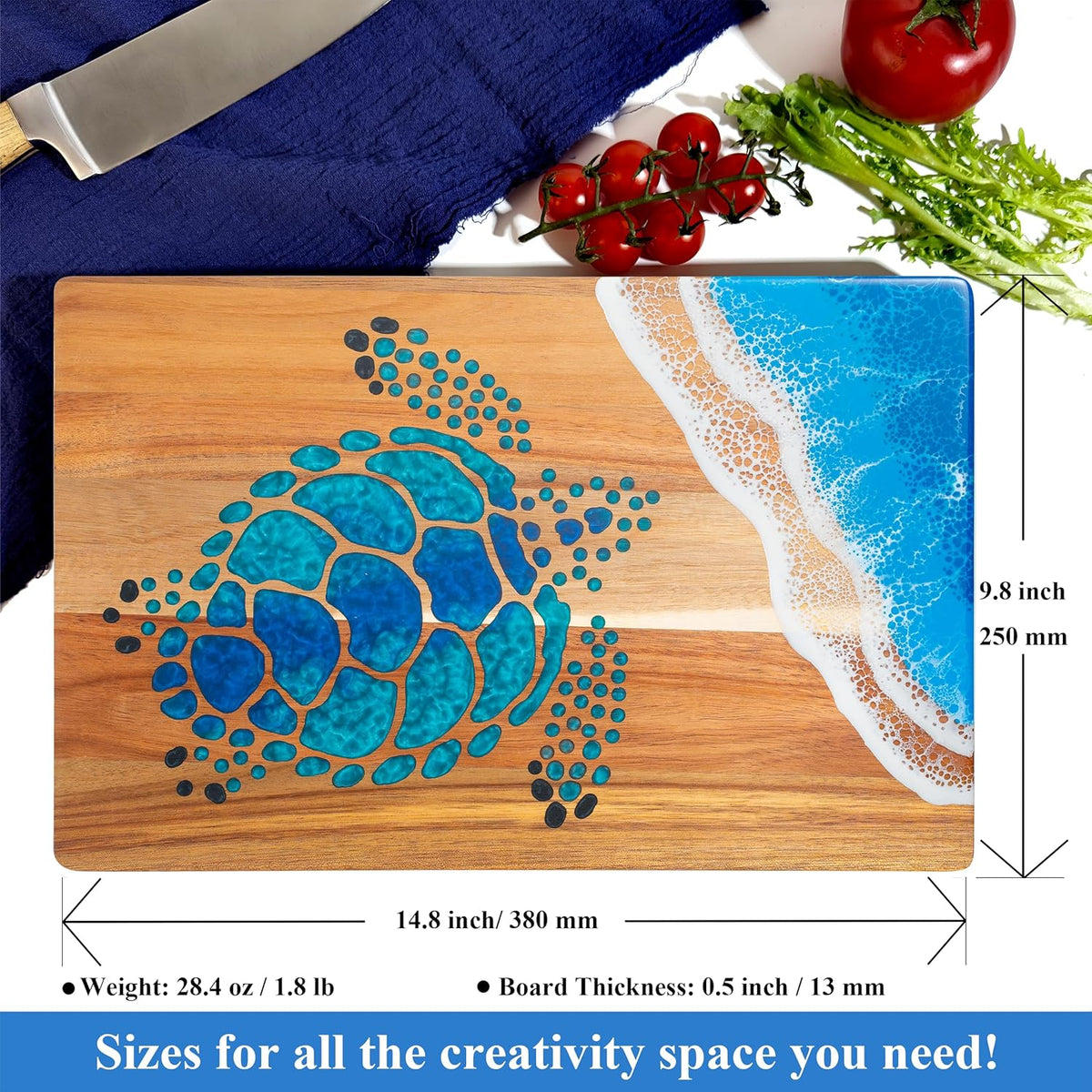 Acacia Wood Cutting Board With Blue Resin Wave & Sea Turtle Epoxy Resin Ocean Pan for Kitchen Meal Prep Serving Tray Versatile Cheese & Charcuterie Board for Meat Vegetable Gift 15*10 inch