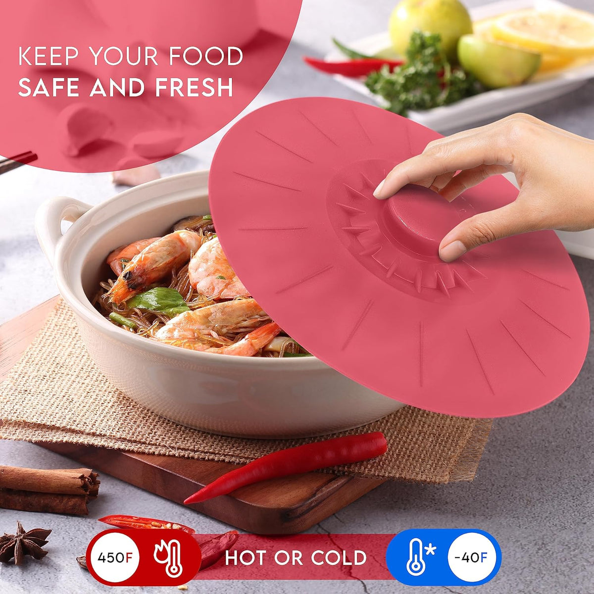 Silicone Bowl Lids Red, Set of 5 Reusable Suction Seal Covers for Bowls, Pots, Cups. Food Safe Natural grip, interlocking handles for easy use and storage.