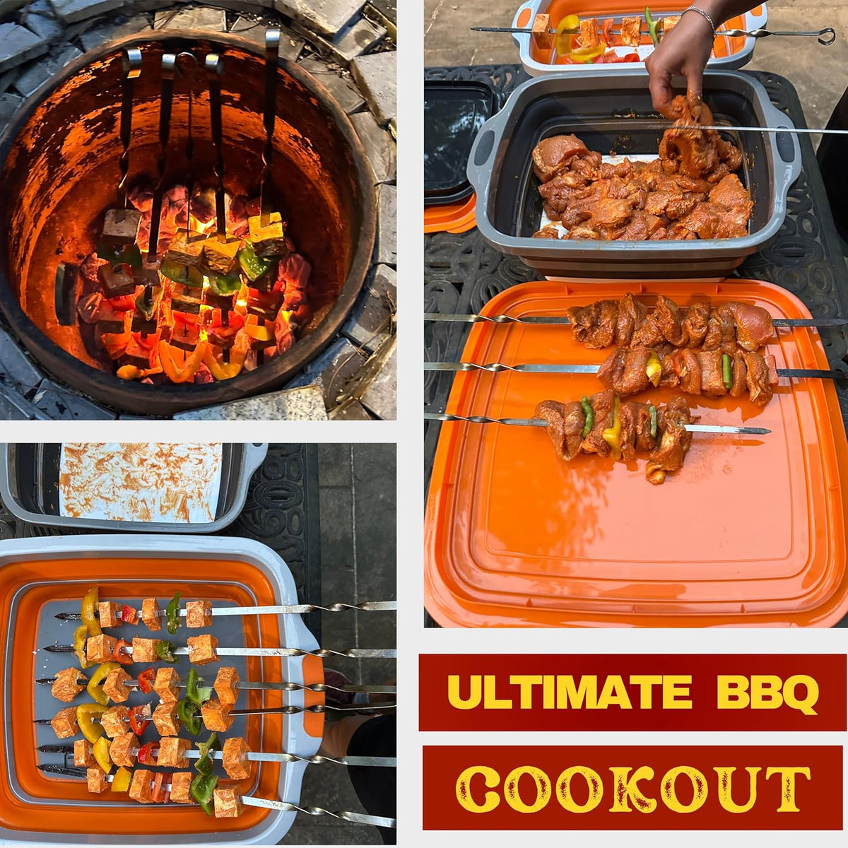 Collapsible X-Large (16L) BBQ Marinating Tub w/Cutting Board | Multipurpose Food-Grade TPE Prep Tub w/Lid | Built-In Colander & Drain Plug - For Camping | Tailgate | Picnic - Bold Orange