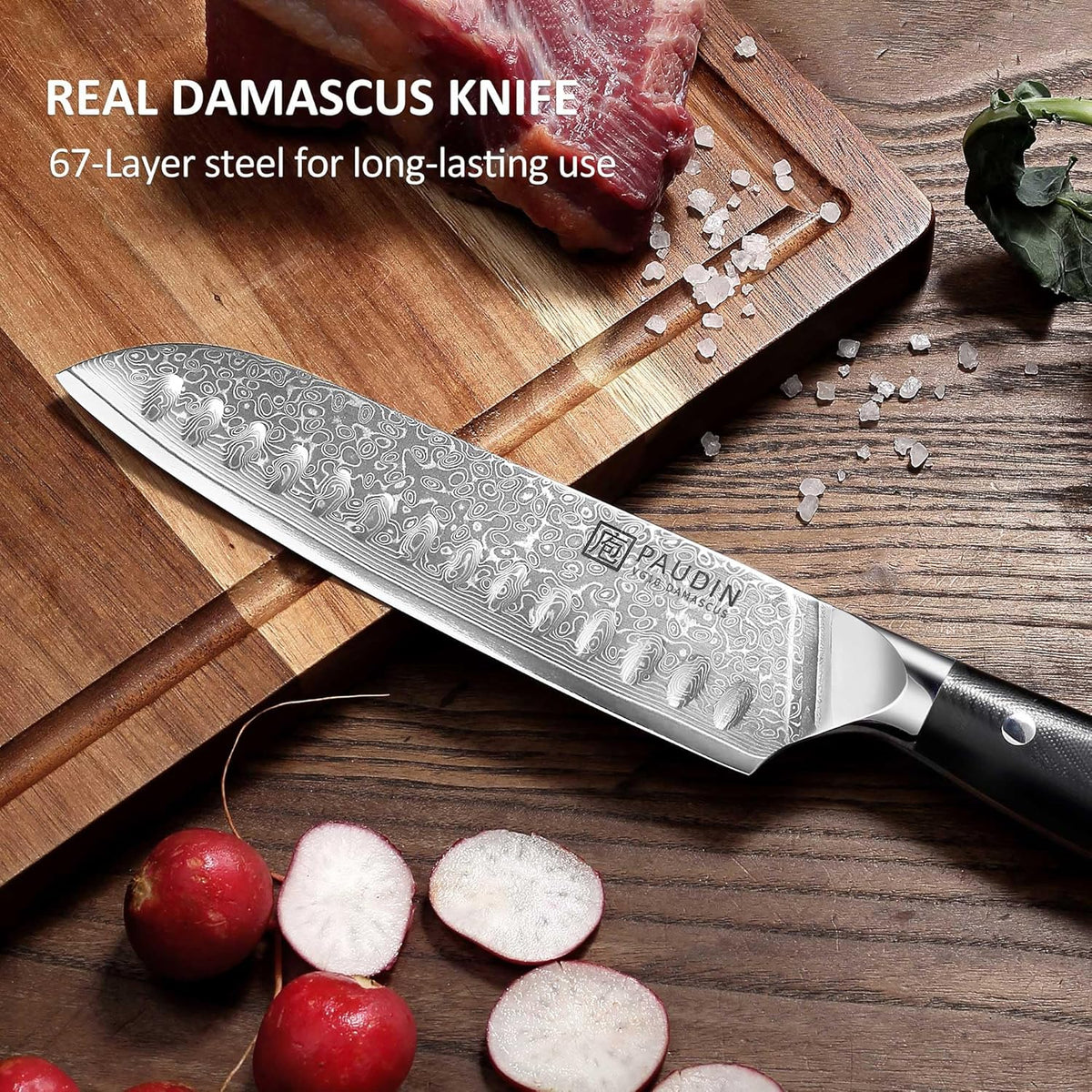PAUDIN Damascus Knife Set 3 PCS, Japanese VG10 Steel Core, Ultra Sharp Chef Knife Set, Full Tang G10 Handle, Damascus Kitchen Knives