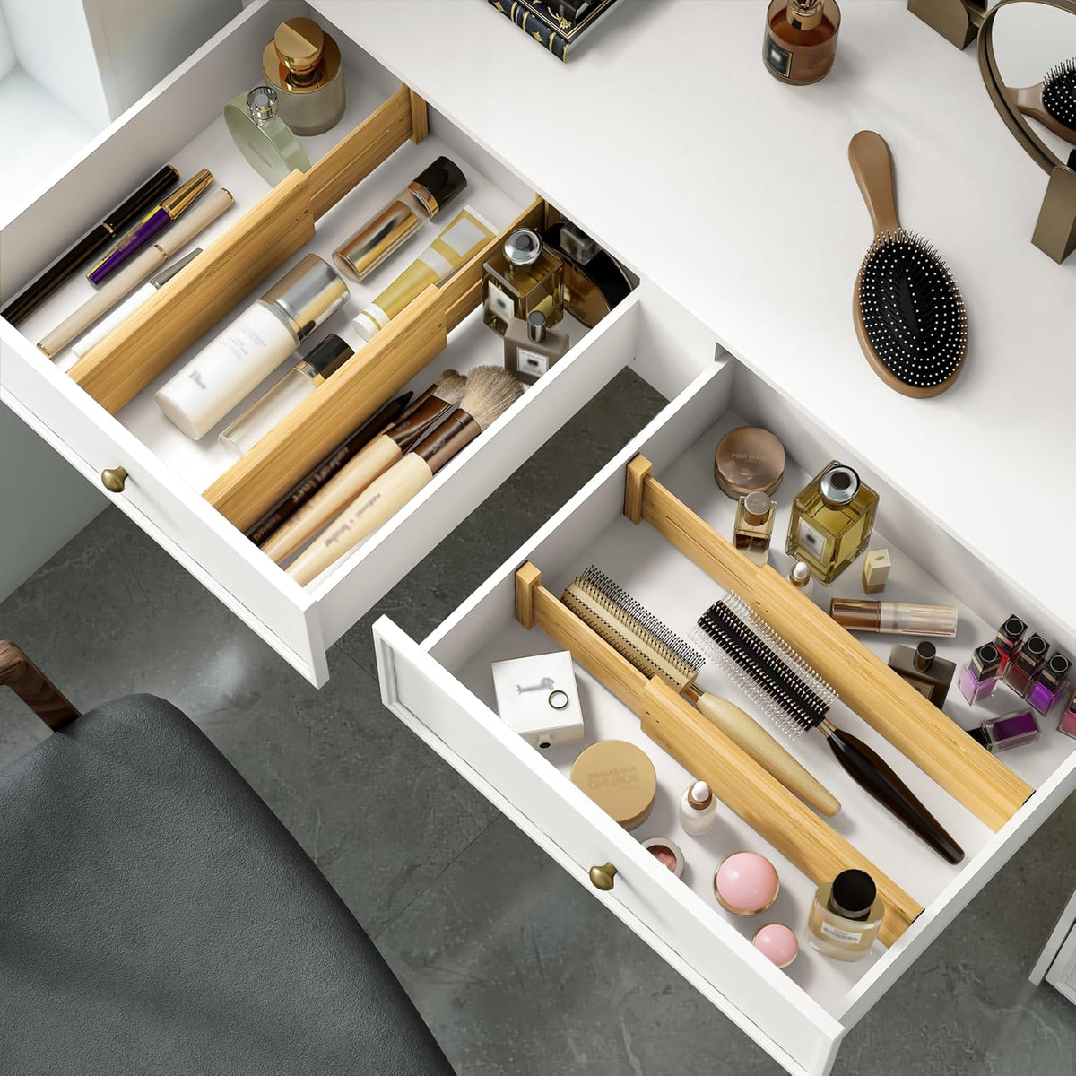 BAMEOS 4 PCS Bamboo Drawer Divider Adjustable Drawer Dividers Kitchen Drawer Organization Utensil Organizers for Kitchen Dresser Bathroom Bedroom and Office