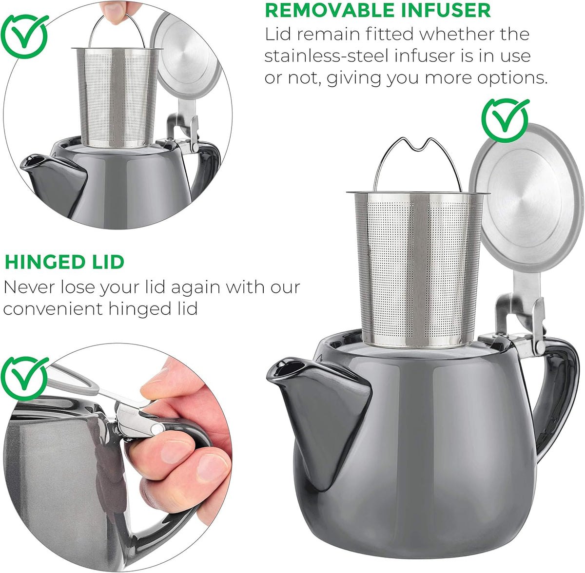 Tealyra - Pluto Porcelain Small Teapot Grey - 18.2-ounce (1-2 cups) - Unique Finish - Stainless Steel Lid and Extra-Fine Infuser To Brew Loose Leaf Tea - 540ml