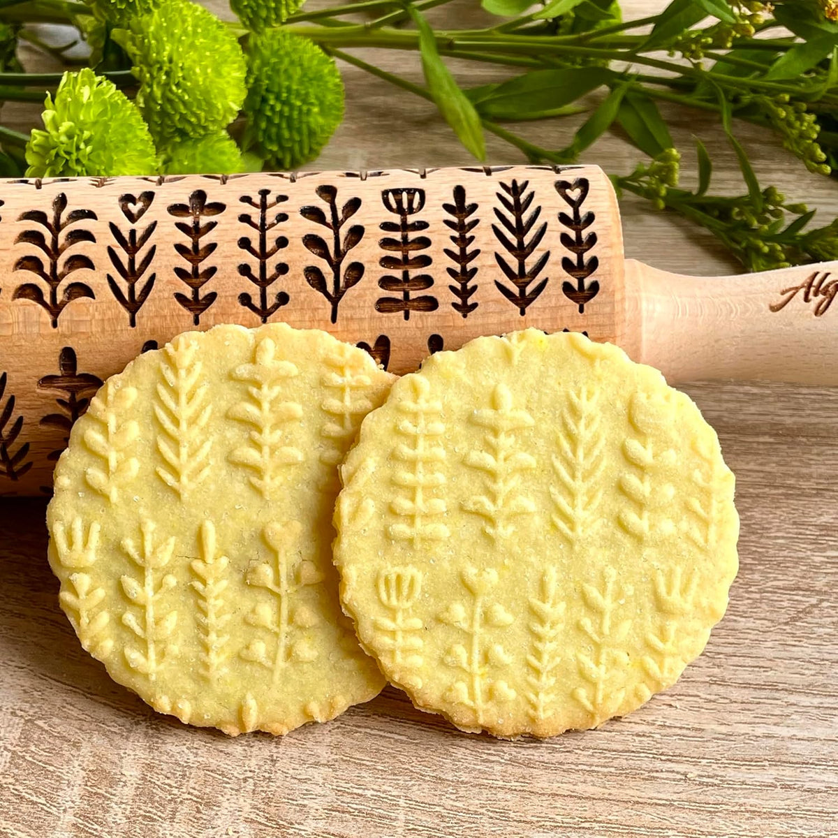 HERBS Embossing rolling pin. Leafy green and flowering plants on embossed dough roller