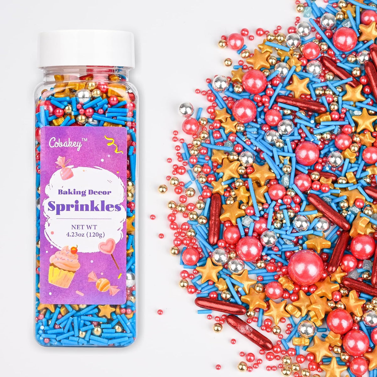 Cobakey Patriotic Sprinkles for Baking, 4th of July Sprinkles With Gold Star, Perfect for Independence Day Dessert Party 4.23 Ounce