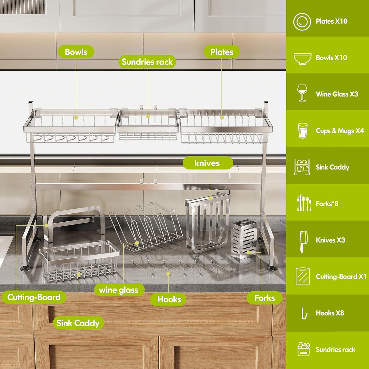 2 Tier Extra Large Stainless Steel Expandable Over The Sink Dish Drainer Drying Rack, Rust Proof Metal, Space Saving, Modern Silver Big Capacity Extendable Plate Strainers Above Kitchen Counter