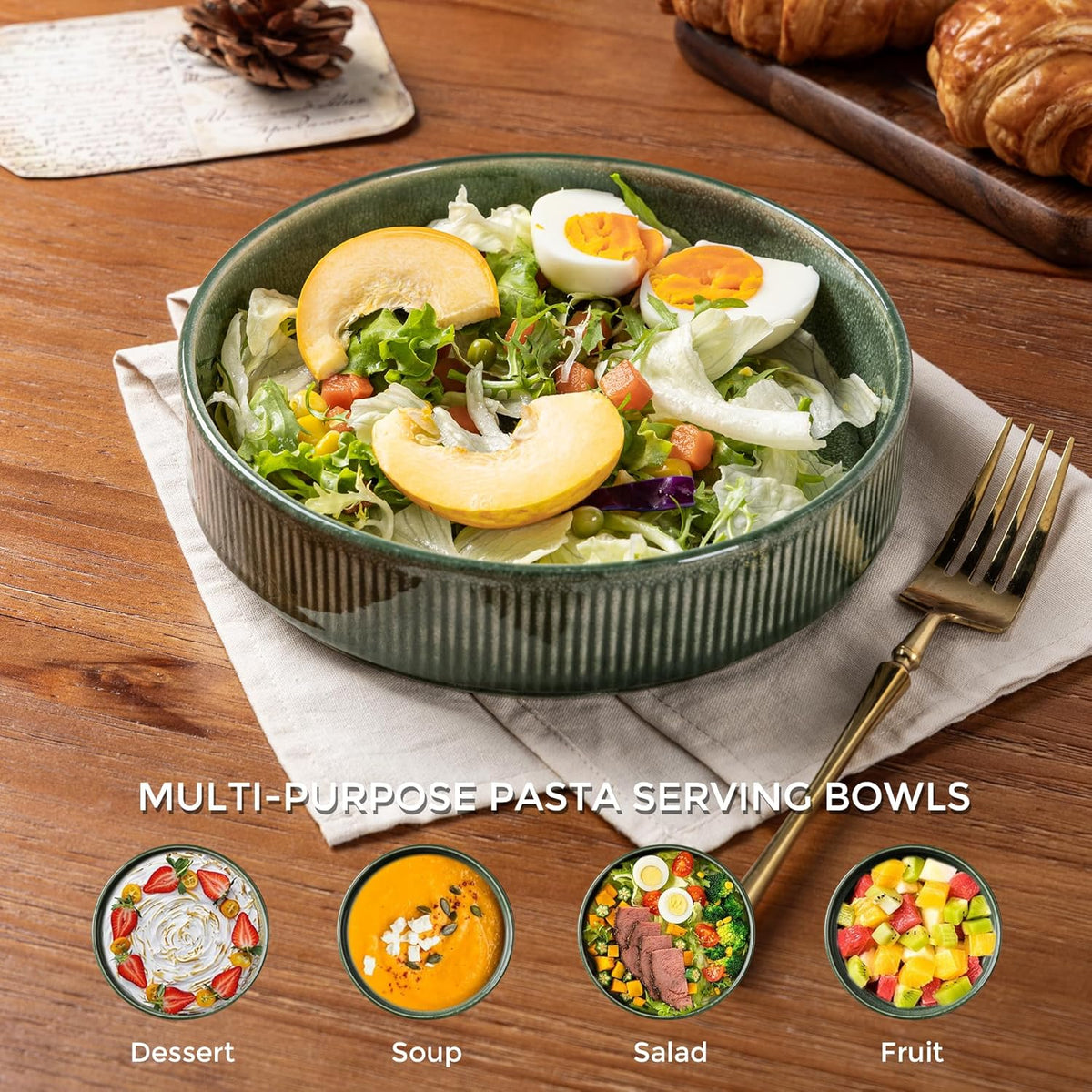 GBHOME 7.5'' Stoneware Pasta Bowls, Serving Bowls Set of 6 for Kitchen, Double Reactive Glaze Bowls for Fruit,Pasta,Salad,Oatmeal,Meal, Microwave Safe (6 pcs)
