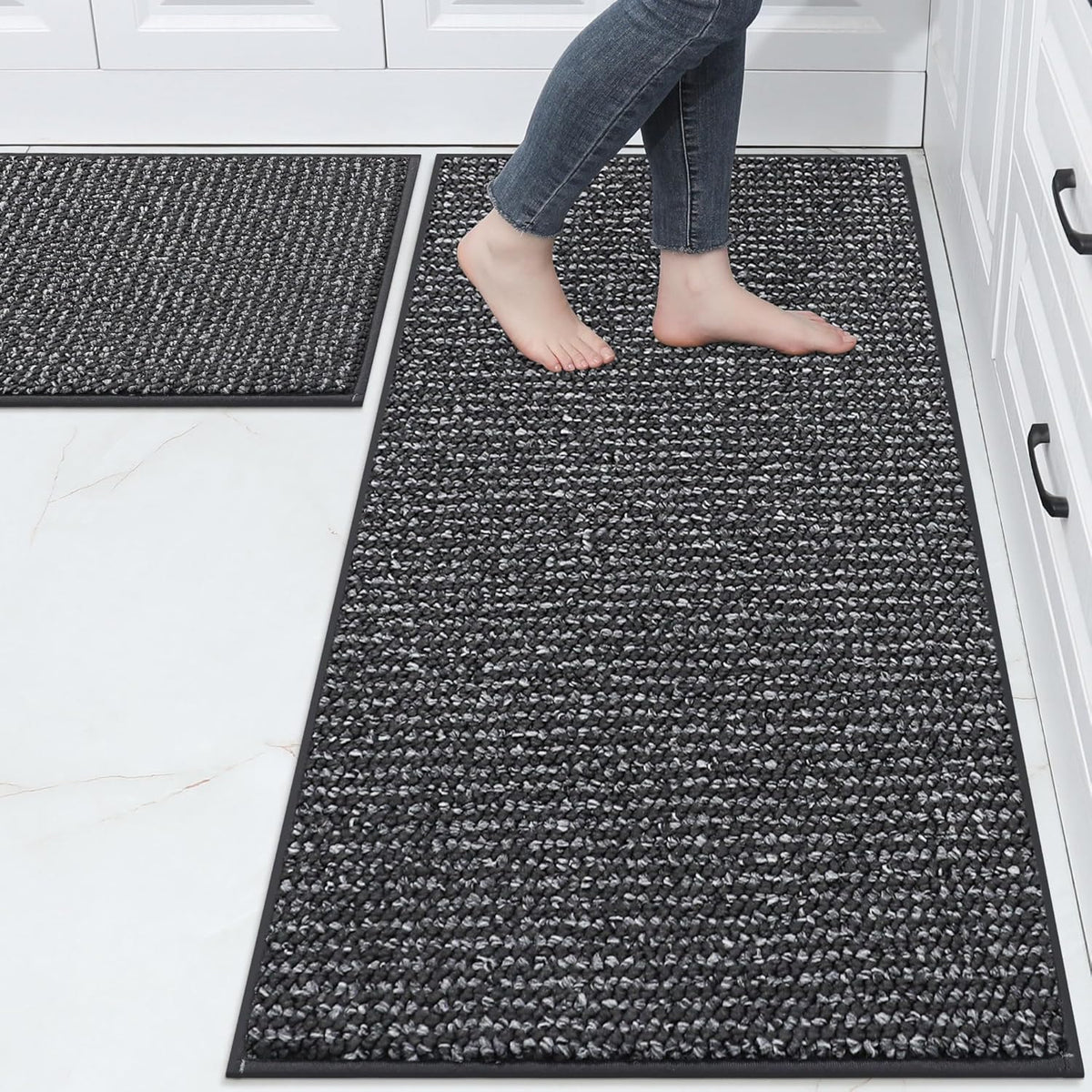 BEQHAUSE Kitchen Rugs and Mats 2PCS, Non-Slip Kitchen Mats for Floor, Absorbent and Stain Resistant Kitchen Runner, Machine Washable Rugs for Kitchen, Laundry & Sink, 24"x36"+24"x60", Charcoal