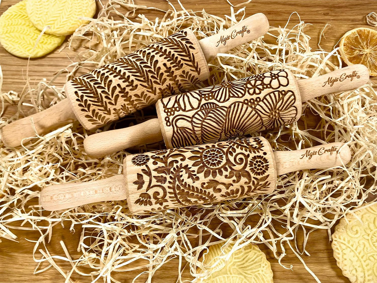 FLORAL 3 Small Textured Rolling Pin Set. Wooden laser engraved embossing dough roller for embossed cookies gift for Birthday, Easter by Algis Crafts