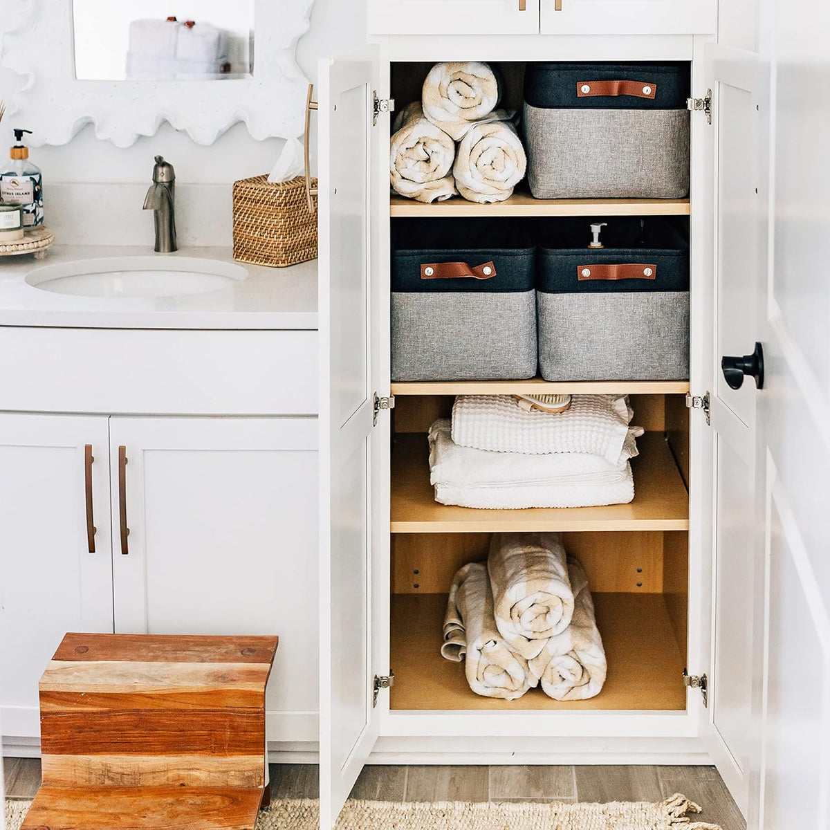 OrganiHaus Large Fabric Storage Baskets for Shelves 3 Pack | 15x11in Closet Storage Bins for Shelves | Clothes Storage Bins for Organizing | Linen Closet Organizers | Fabric Basket, Gray/Black