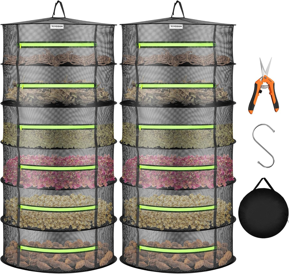 VIVOSUN 2-Pack 6-Layer Mesh Drying Rack Hanging Design with Green Zippers for Dehydrating, Indoor and Outdoor (Pruning Shears Included)