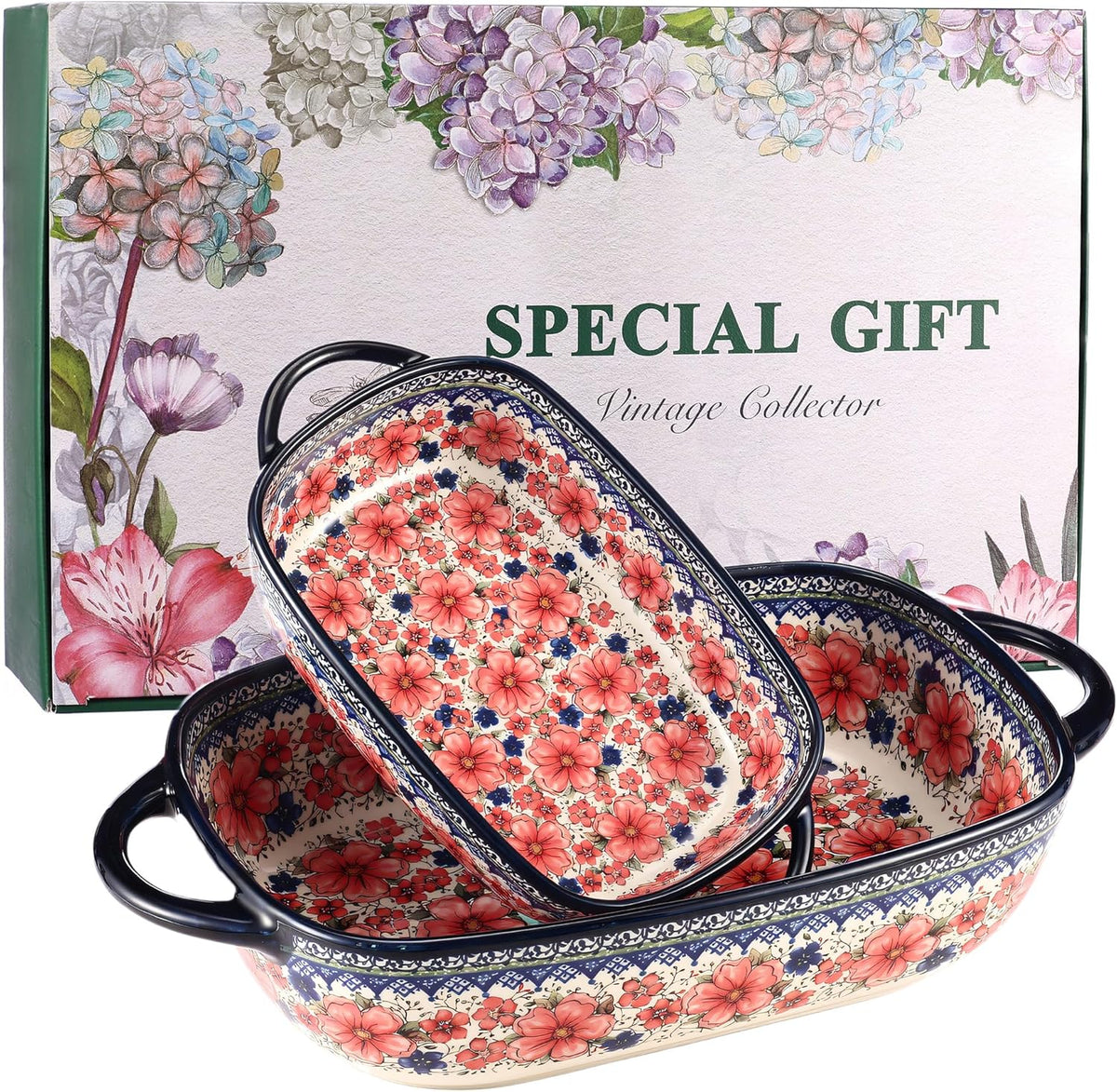 Polish Pottery Style Ceramic Baking Dish Set of 2 – Decorative Casserole Dishes with Handles, Cute Oven-Safe Lasagna Bakeware Gift Set
