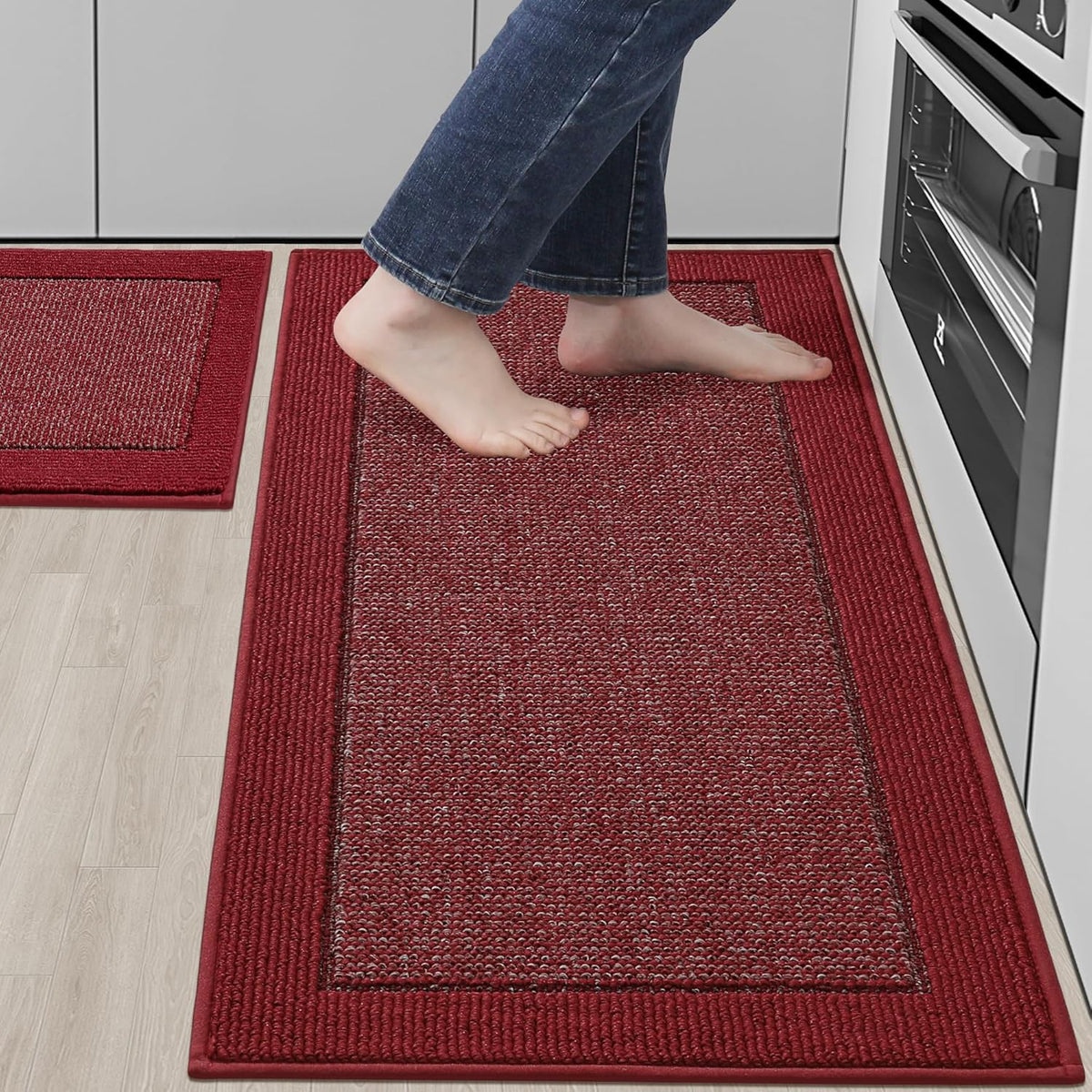 BEQHAUSE Kitchen Rugs and Mats Set of 2 Non-Slip Kitchen Mats for Floor, Absorbent and Stain Resistant Kitchen Runner, Machine Washable Rugs for Kitchen, Laundry & Sink, 20"x32"+20"x48", Red