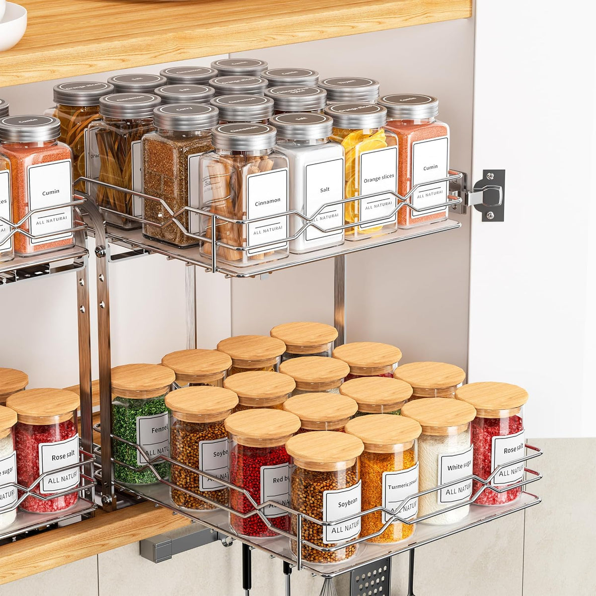 Pull Out Spice Rack, 2 Tier Spice Organization for Cabinet, Heavy Duty Spice Rack, 9-1/4 inch Wide - Spice Racks for Inside Cabinets, Kitchen, Pantry - Chrome, 9.25”W x 10.39”D x 9.76”H