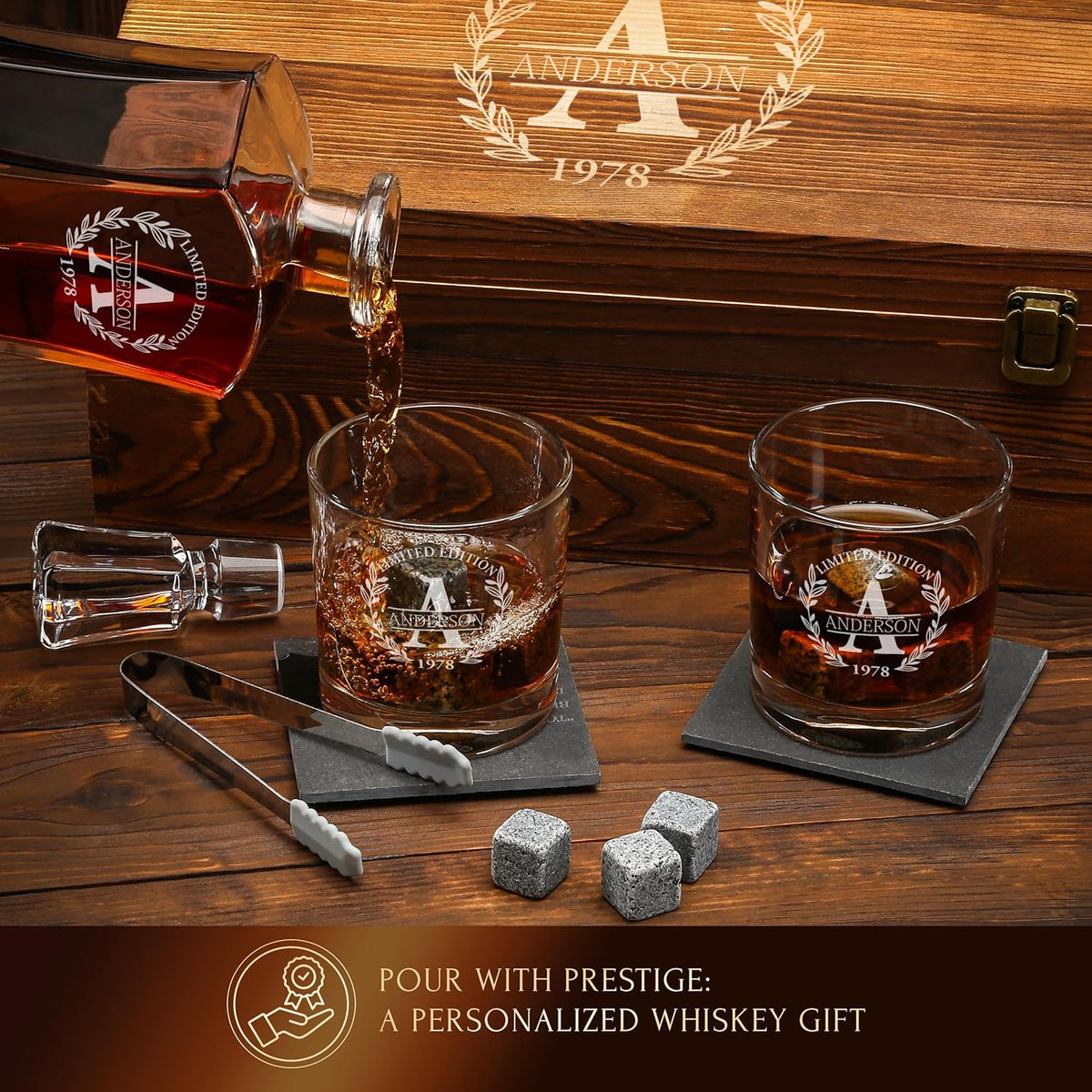 Personalized Whiskey Decanter and Stones Set - Customized Gift for Him - Men, Dad, Father - Engraved Old Fashioned Decanter, Glasses, 9 Granite Stones in Container, Coasters, Tongs in Wooden Gift Box