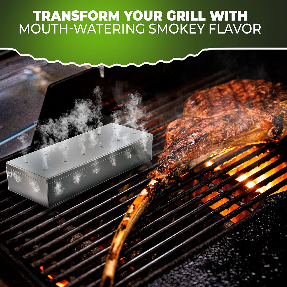 KITCHEN PERFECTION Smoker Box For Gas Grill - Bbq Wood Chip Smoker Box Pre-Filled with Apple Wood Chips -Adds Delicious Smokey Flavor on Propane & Pellet Grill