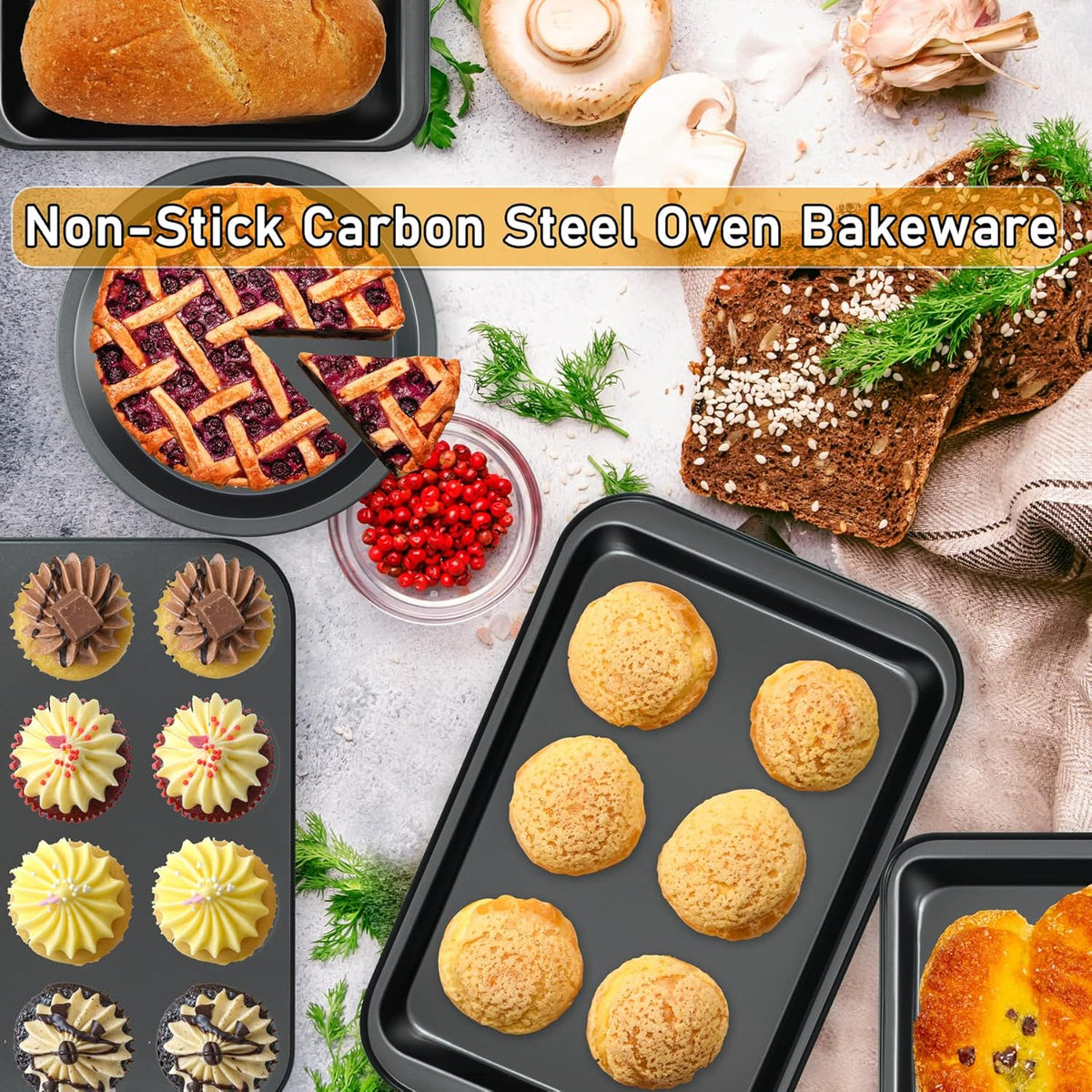 Kitchen 5-Piece Nonstick Bakeware Set - Round/Square Cake Pans, Muffin Pan, Loaf Pan, Roast Pan & Baking Sheets