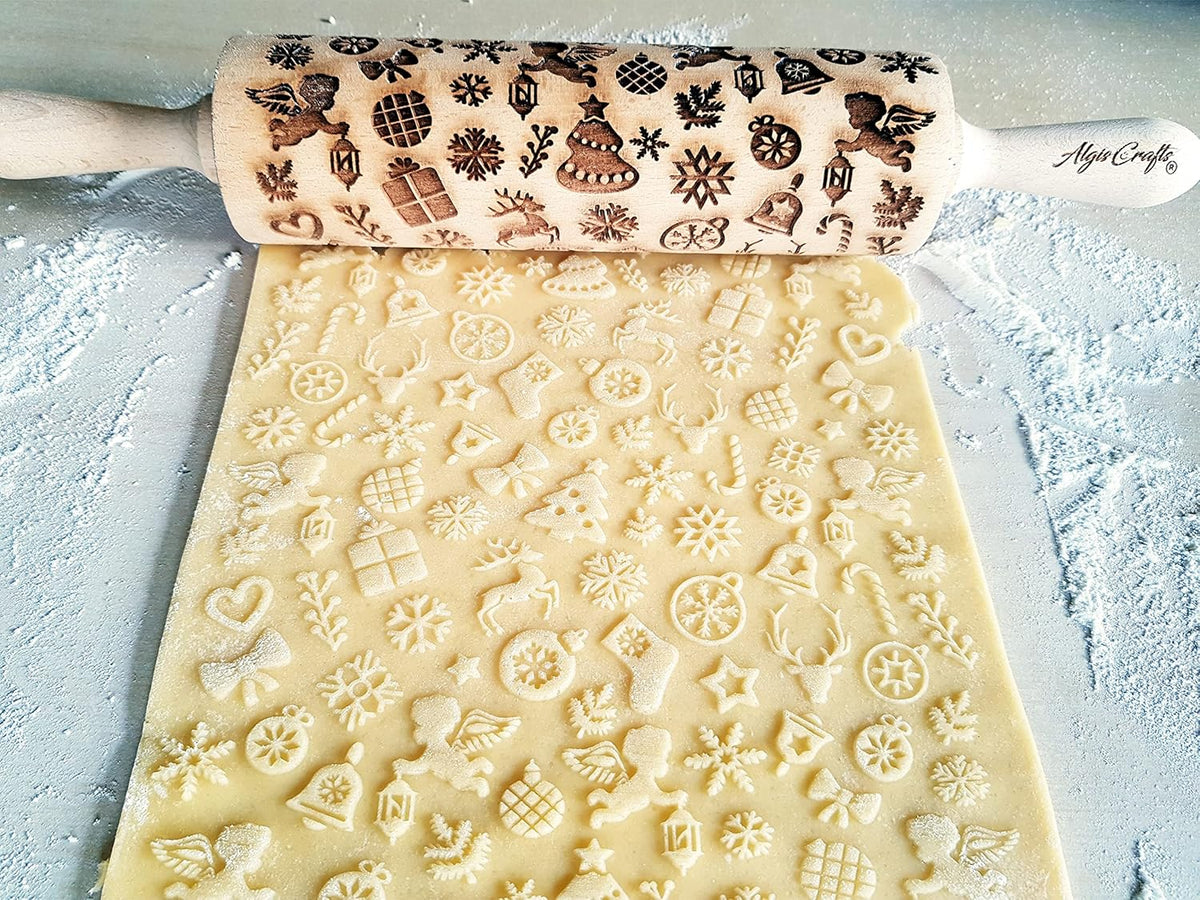 CHRISTMAS GIFTS EMBOSSING ROLLING PIN laser engraved with Christmas symbols CHRISTMAS GINGERBREAD COOKIES