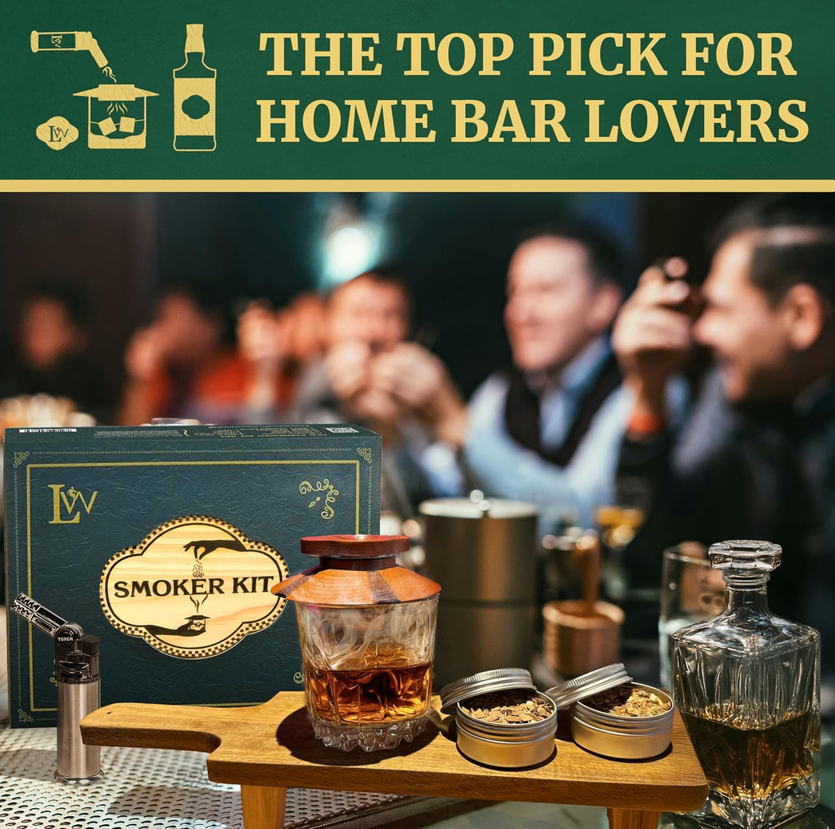 Whiskey Smoker Kit with Torch – Natural Wood Box, 2 Metal Filters, Whiskey Stones – Old Fashioned Cocktail Smoker Kit, Men Birthday Gift Ideas, Gifts for Dad, Husband, Women, Mom (No Butane)