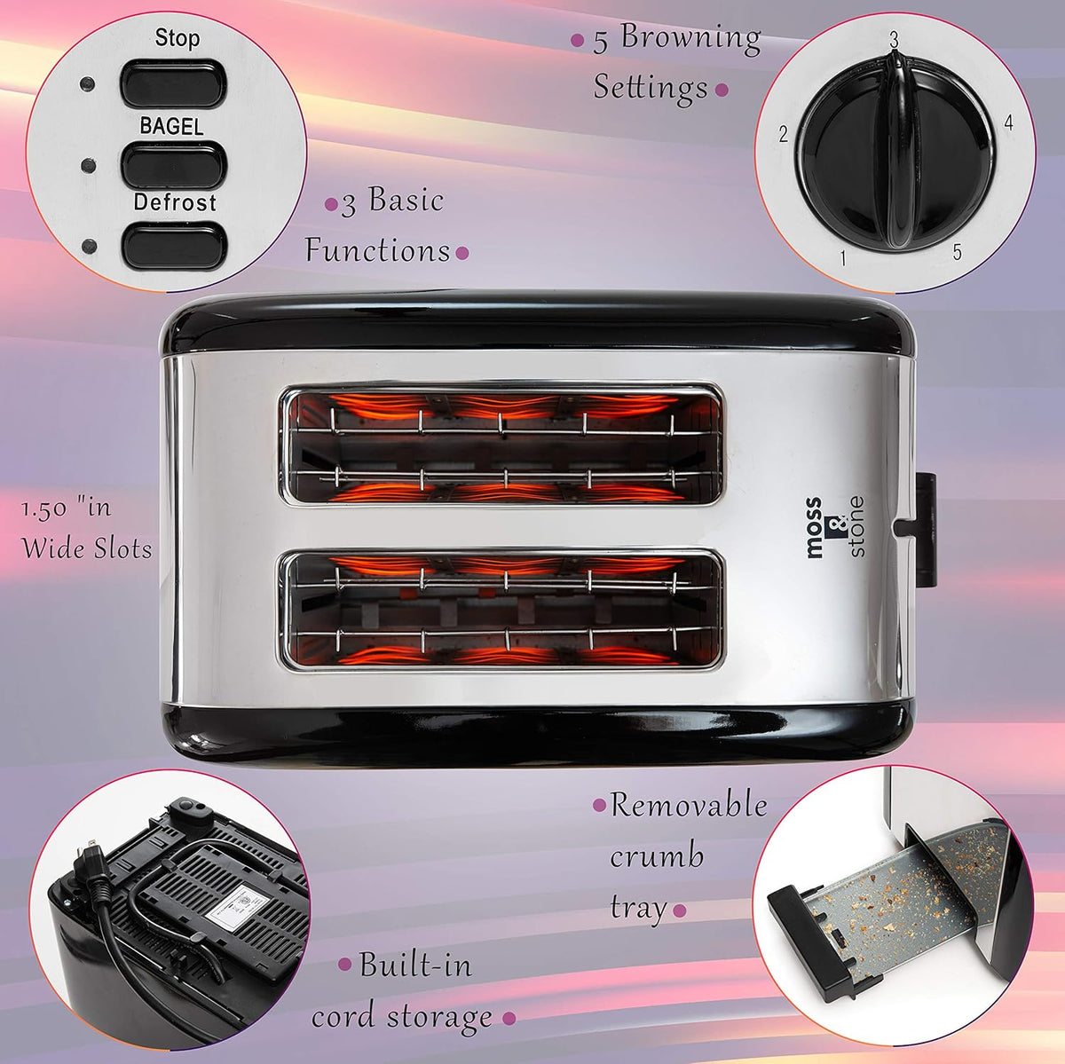 Moss & Stone 2 Slice Toaster, 1.5in Extra-Wide Slot For Bagel & Defrost with 5 Shade Settings, Bread Toaster 2 Slice With Removable Crumb Tray, Black
