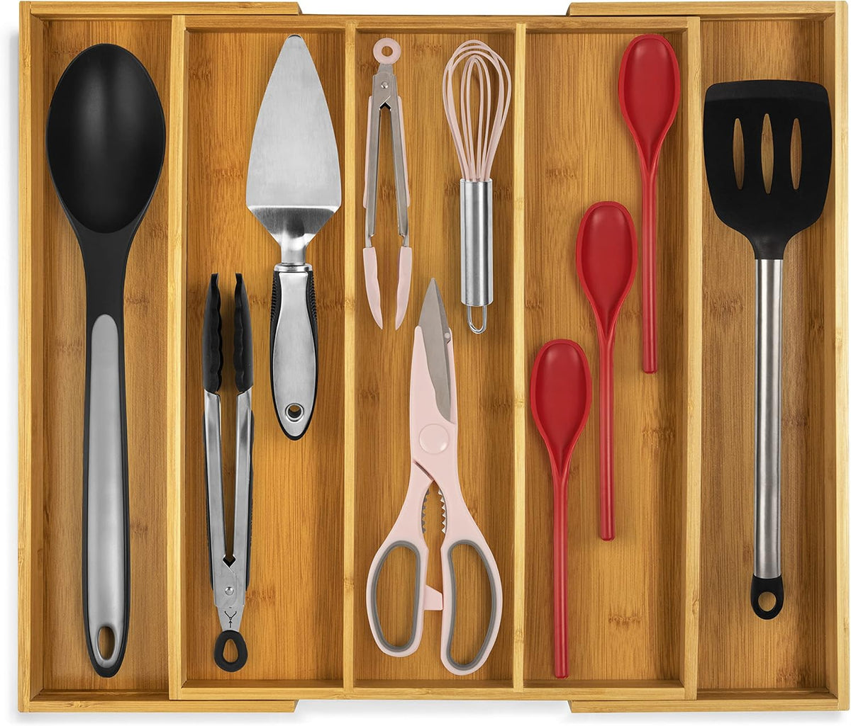 Purawood Kitchen Drawer Organizer, 2 Pack - Expandable Utensil Drawer Organizer for Kitchen, Cutlery Tray & Silverware Organizer, 3-5 Slots - Bamboo Organizer for Utensils & Flatware (Natural)