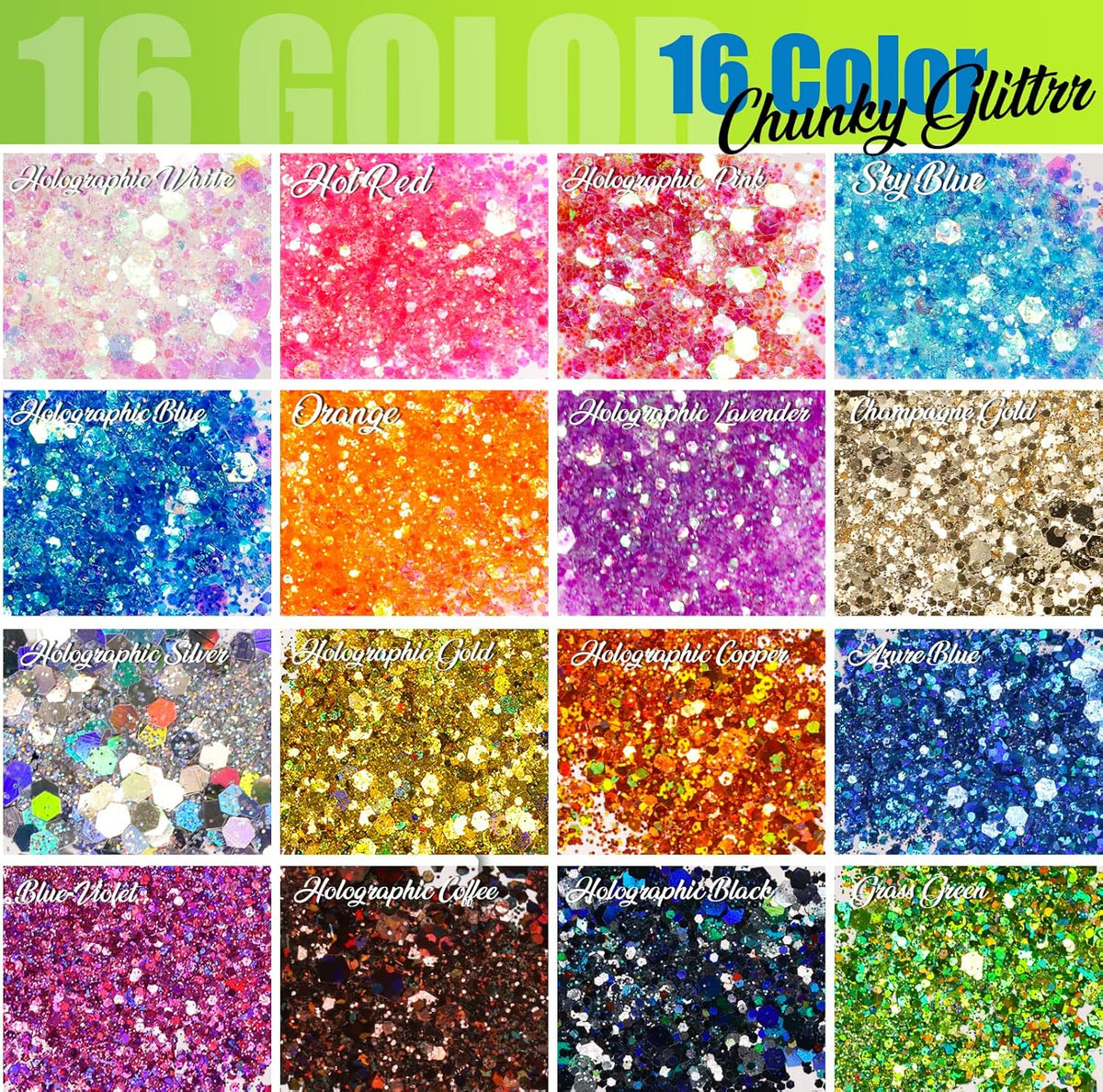 LEOBRO Glitter, 32 Colors Fine and Chunky Glitter for Crafts, Resin, Halloween Christmas Decors, Nail Body, Art Crafts