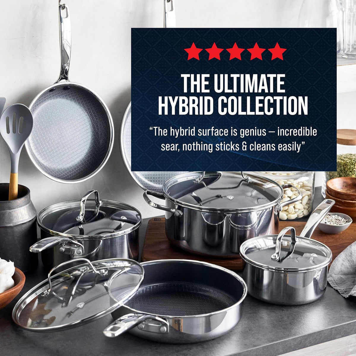Blue Diamond Hybrid Nonstick Stainless Steel 12” Wok with Lid, PFAS-Free Ceramic Diamond Bond Stir-Fry Pan, Induction Ready, Dishwasher & Oven Safe, Metal Utensil Safe, Stay-Cool Handle, Silver