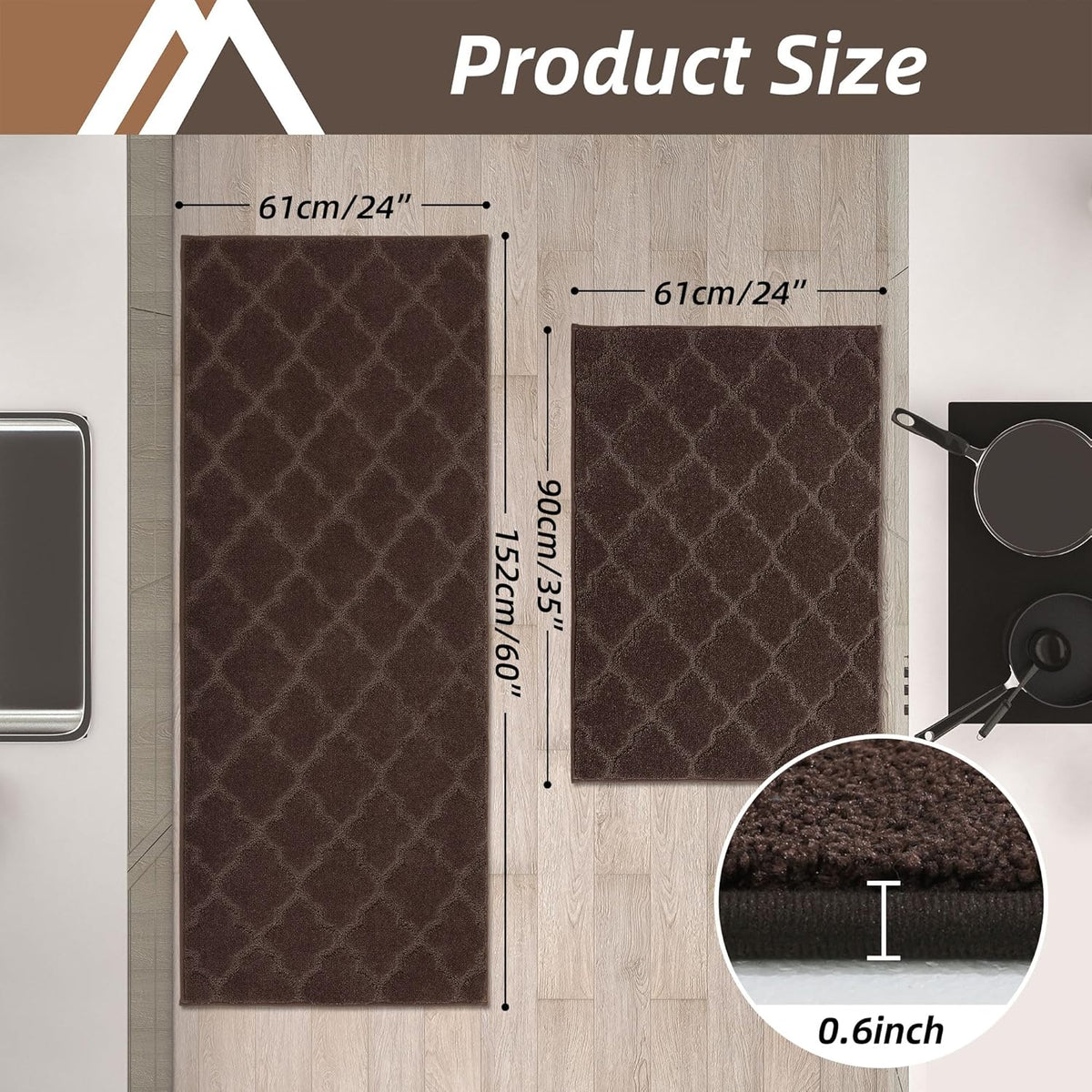 COSY HOMEER Soft Kitchen Rugs [2 PCS] for in Front of Sink Super Absorbent Kitchen Floor Mats and Mats 24x35 Inch/24X60 Non-Skid Kitchen Mat Standing Mat Washable,Polyester,Brown