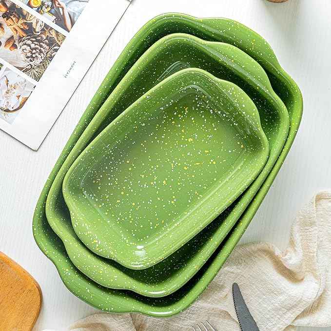 Ceramic Baking Dishes for Oven,Heavy Duty Bakeware Dish Set of 3, Rectangular Casserole,Lasagna Pan Deep,High Heat Resistant,Glazed Handcraft Speckle Series (13.8''/12''/9.6''Green)