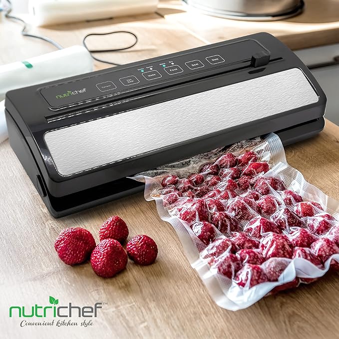 NutriChef Food Vacuum Sealer Machine, Stainless Steel & ABS Body, Automatic Sealing System for Dry and Moist Foods, LED Touch Controls, Includes Bags, Hose & Roll Cutter, 110W Suction Power, 14"x6"