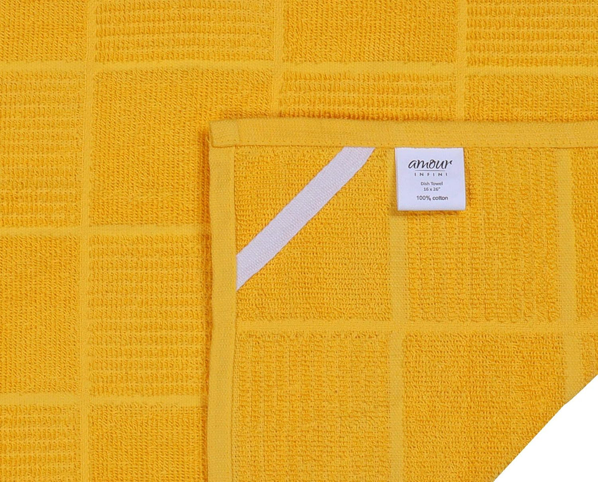 AMOUR INFINI Kitchen Towels Pack of 4 Absorbent, Quick Drying Premium Terry Cotton Dish Towel with Hanging Loop 16x28 Inch Hand & Tea Towels (Yellow)