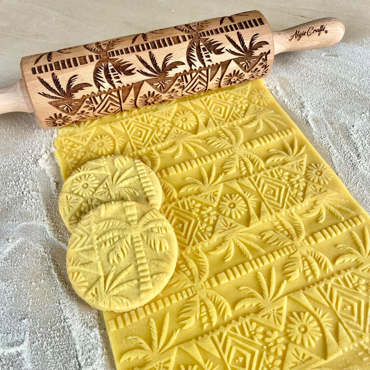 PALM TREE Embossing Rolling Pin with Tropical Pattern. Dough and Clay Roller for Embossed Cookies and Pottery. Cookie and Ceramic Stamp. Backing Gifts for Women by Algis Crafts