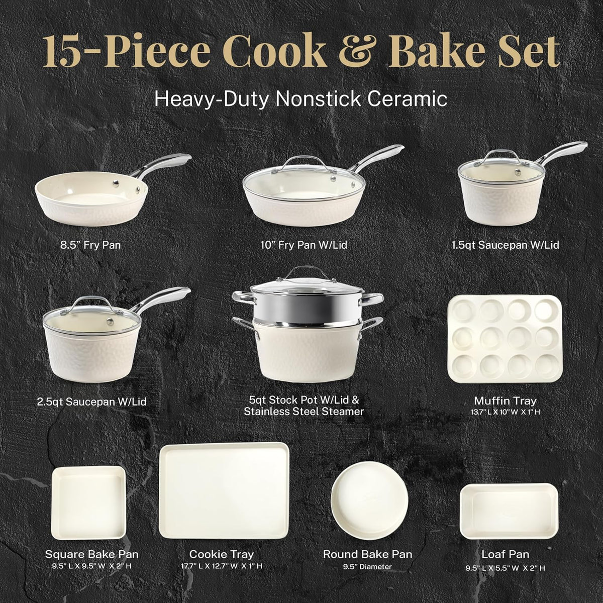 Gotham Steel Hammered 15Pcs Ceramic Cookware Set Nonstick, Induction Pots and Pans Set Non Stick with Bakeware Set & Steamer for Cooking, Non Toxic PFOA PFOS Free, Oven & Dishwasher Safe, Cream White