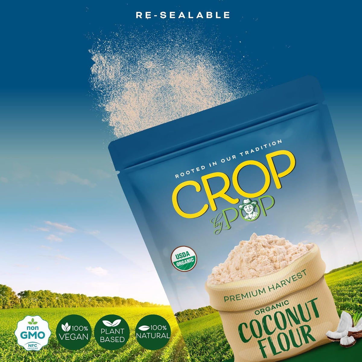 CROP BY POP - Organic Coconut Flour (16 Oz - 1 LB) Packed Fresh in Resealable Bag - USDA Organic, Non GMO - Naturally Grown, Vegan, Kosher