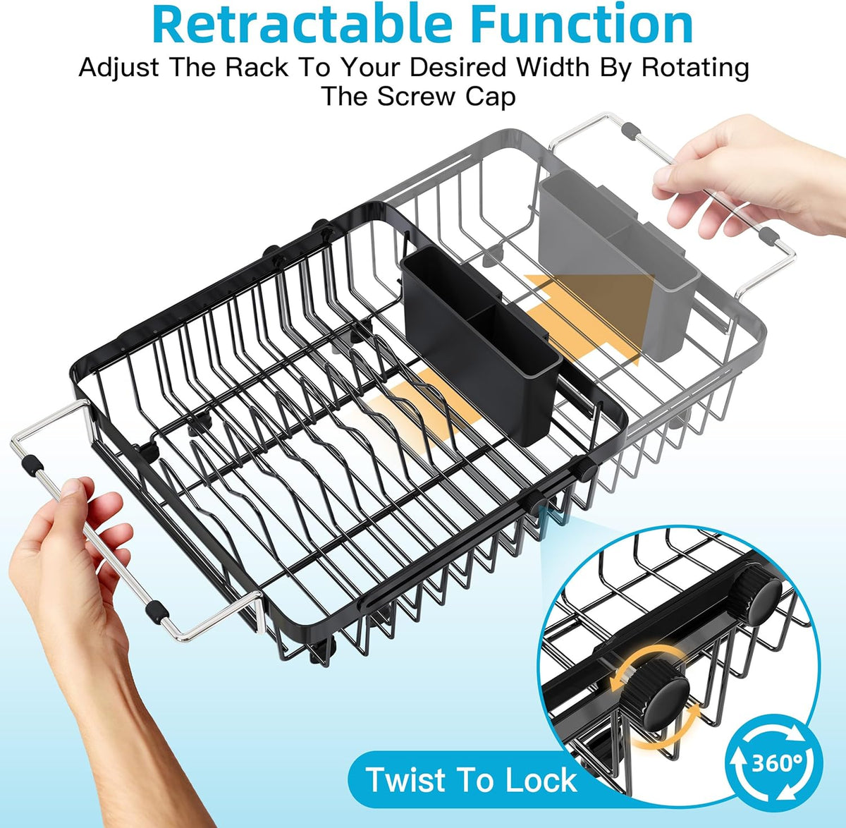 romision Expandable Dish Drying Rack Over The Sink Small Metal Stainless Steel Plate Holder for Compact Kitchen, Space Saving Modern Black Hanging Drainer